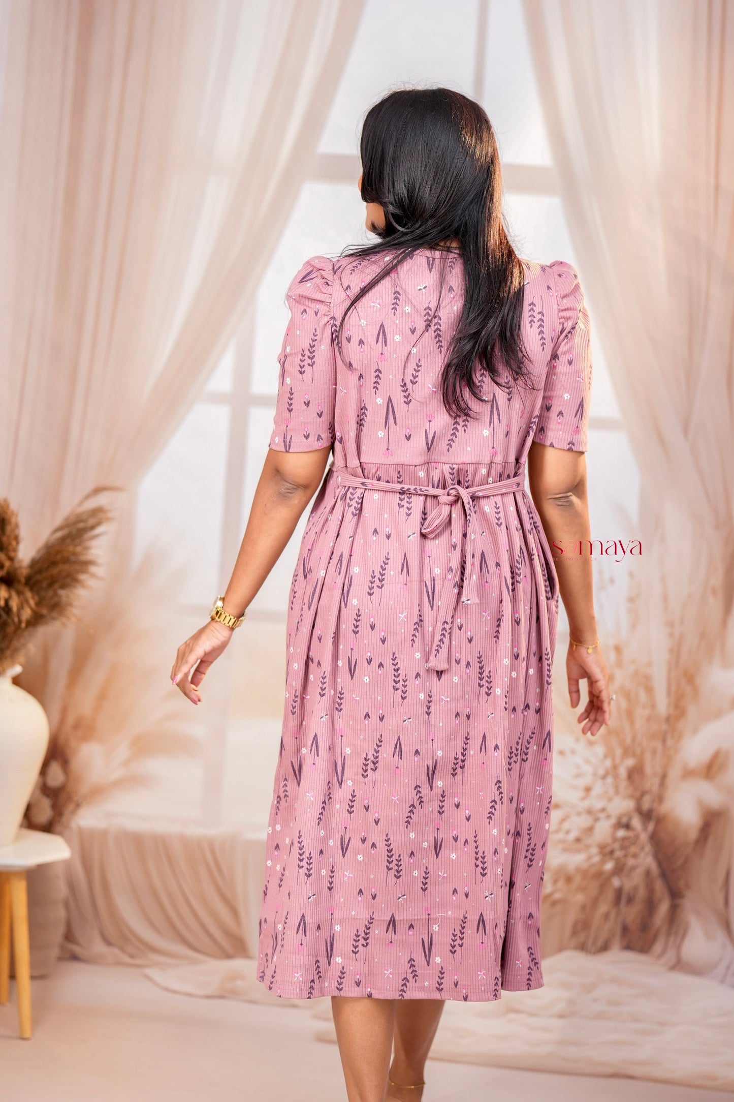 Midi Dusty Pink Ribbed Thick Weight Dress ( cotton fabric )