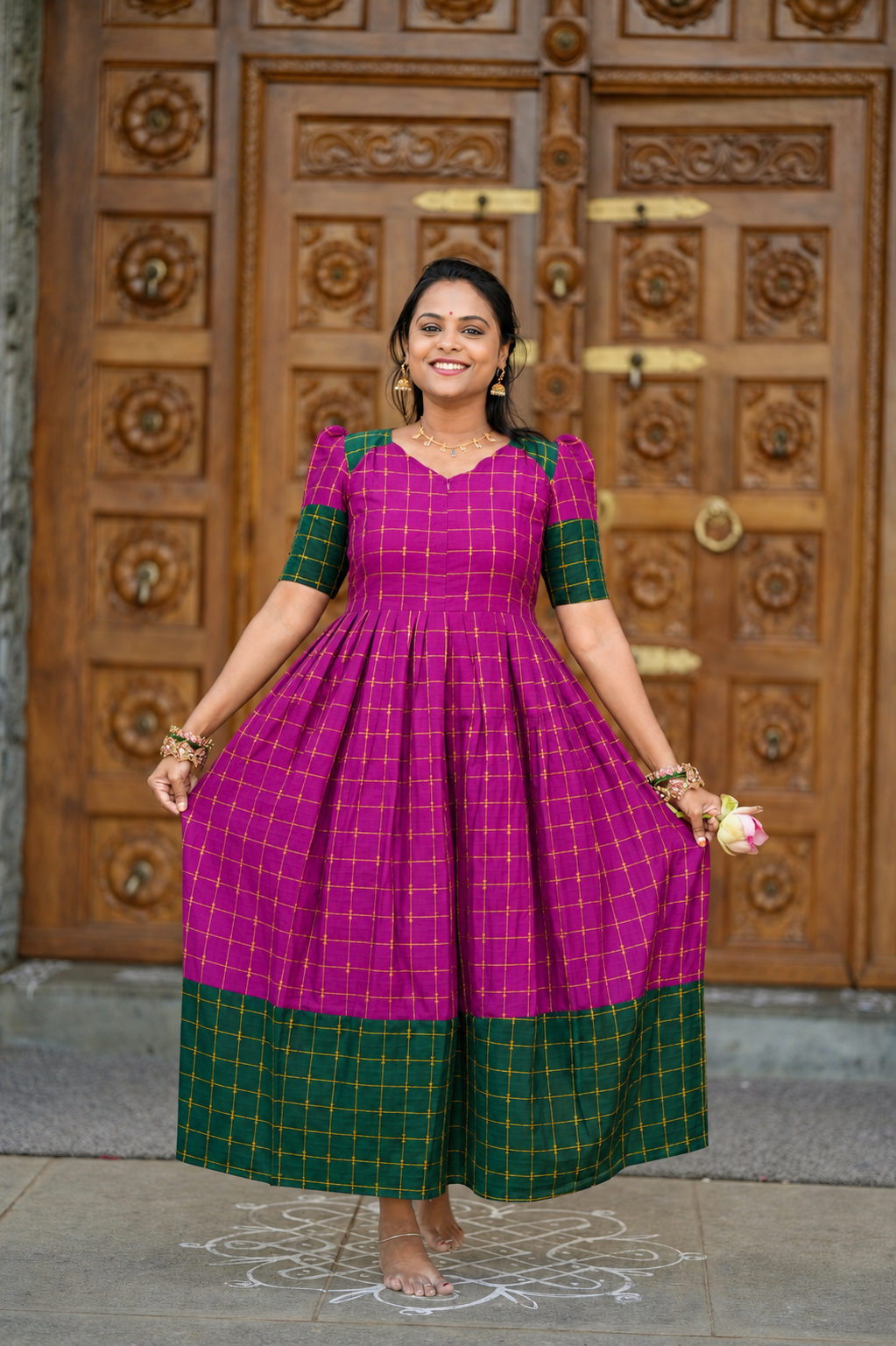 Poongulazi checked maxi Dress With Lining ( ready to dispatch )