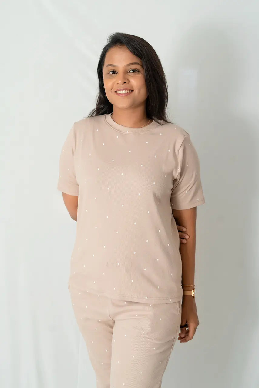Cream Dots Pant Set Ribbed