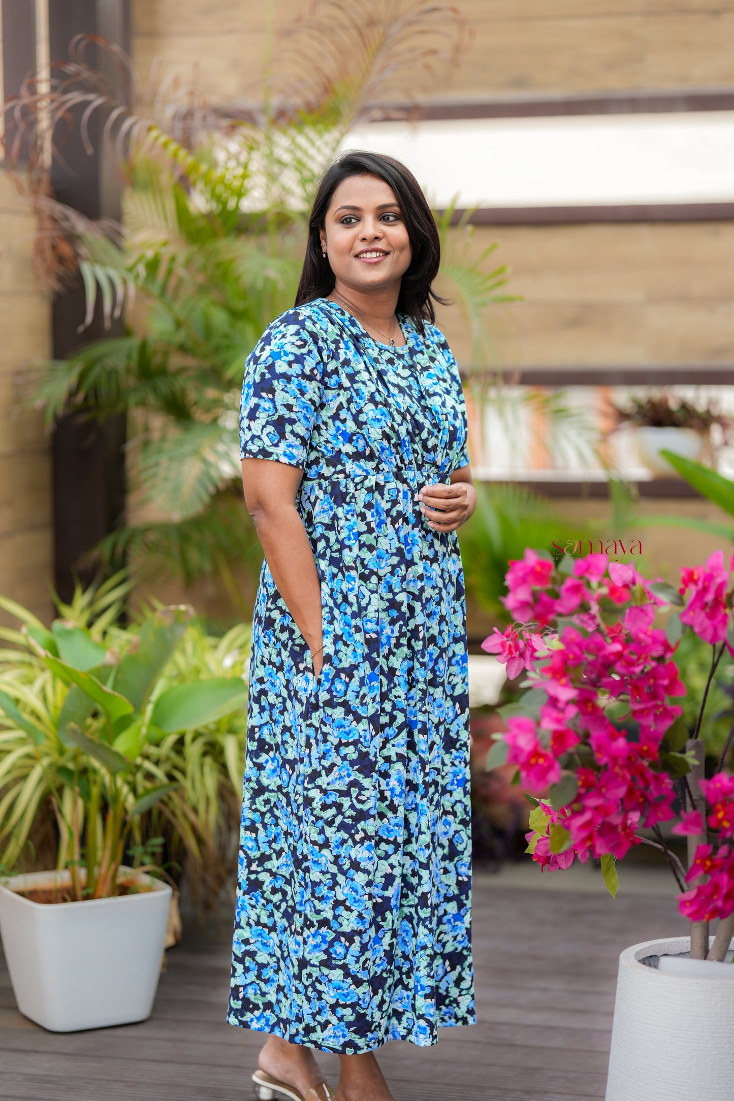 Maxi Blue Light Weight Dress with attached dupptta drape
