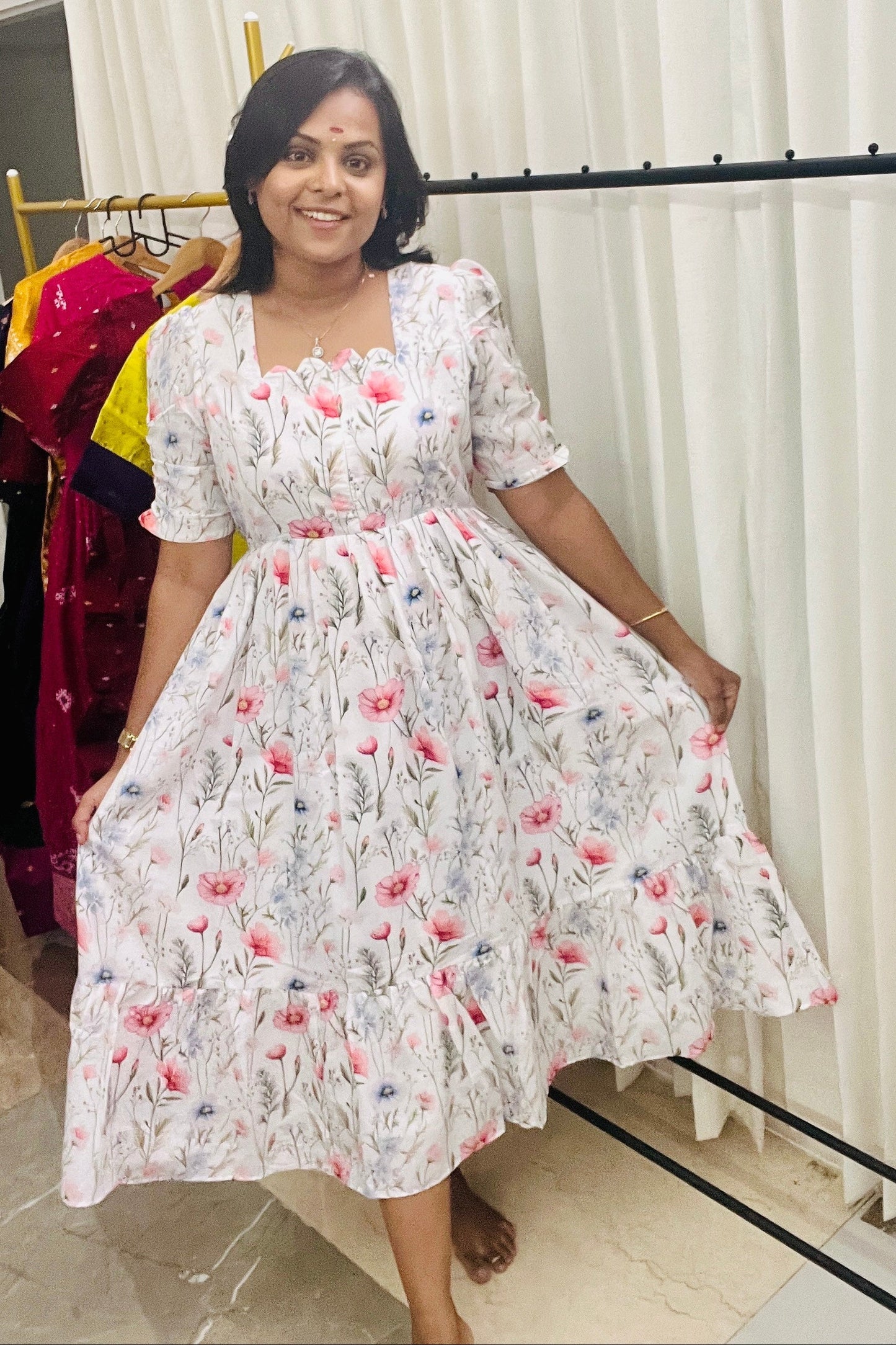 Roh white bloom Dress With Lining