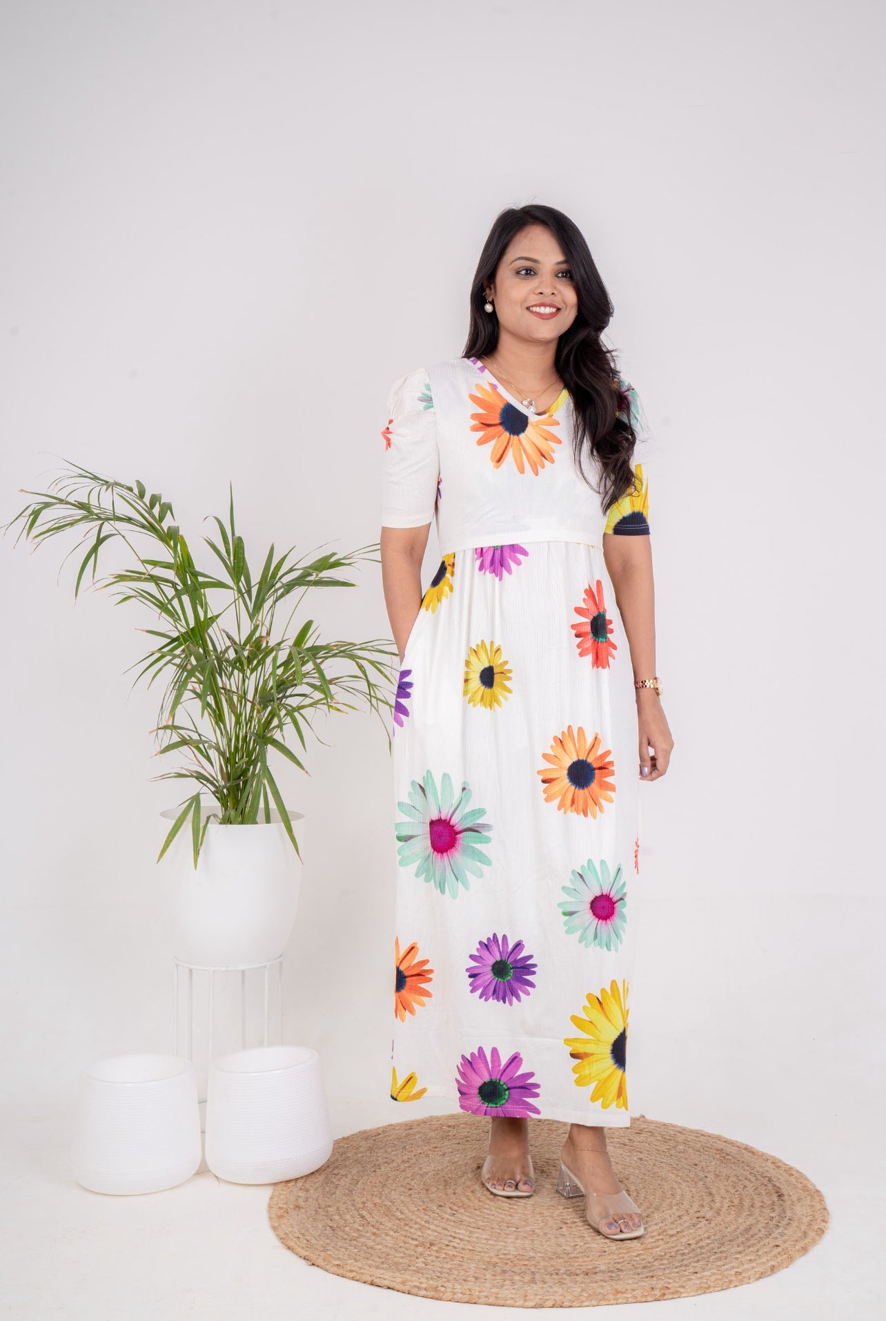 Maxi White Sunflower Ribbed Dress ( samaya exclusive premium fabric )( Minor embroidery,stain variation )