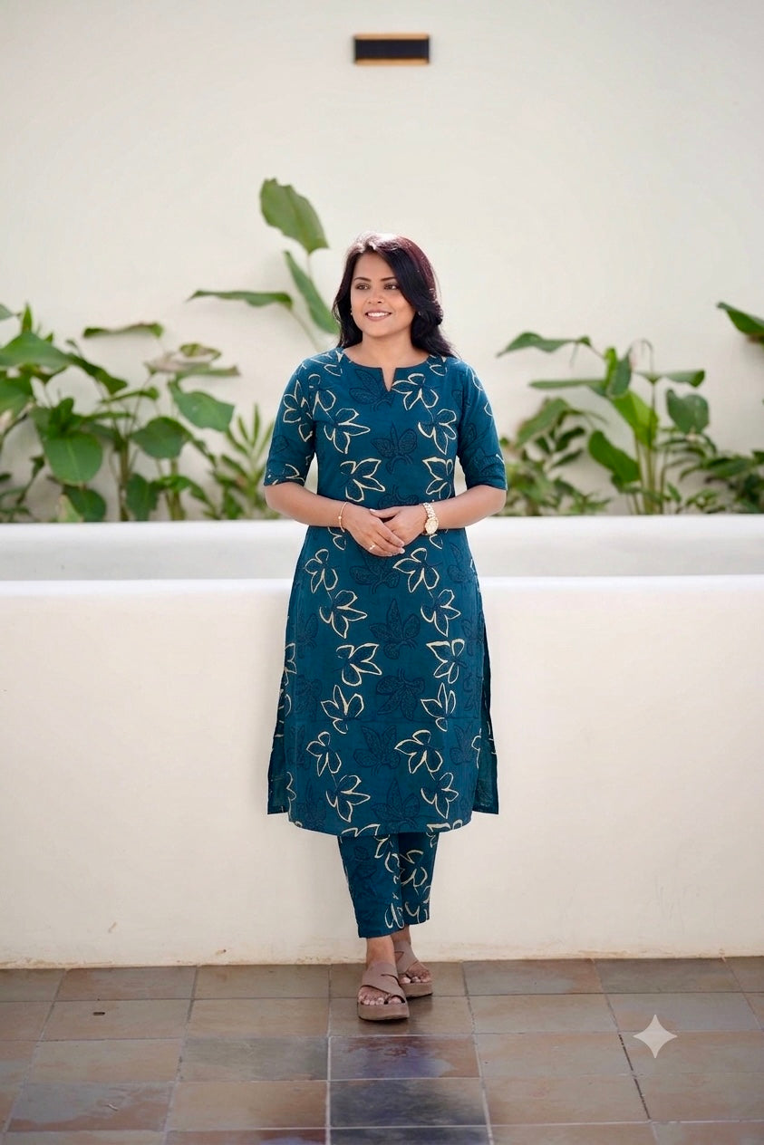Nila -Peacock Cotton 2 piece Set with lining