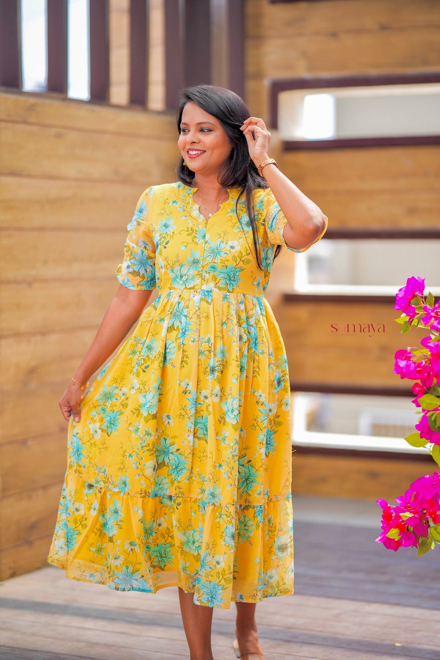 Yellow  georgette casual  Dress With Lining