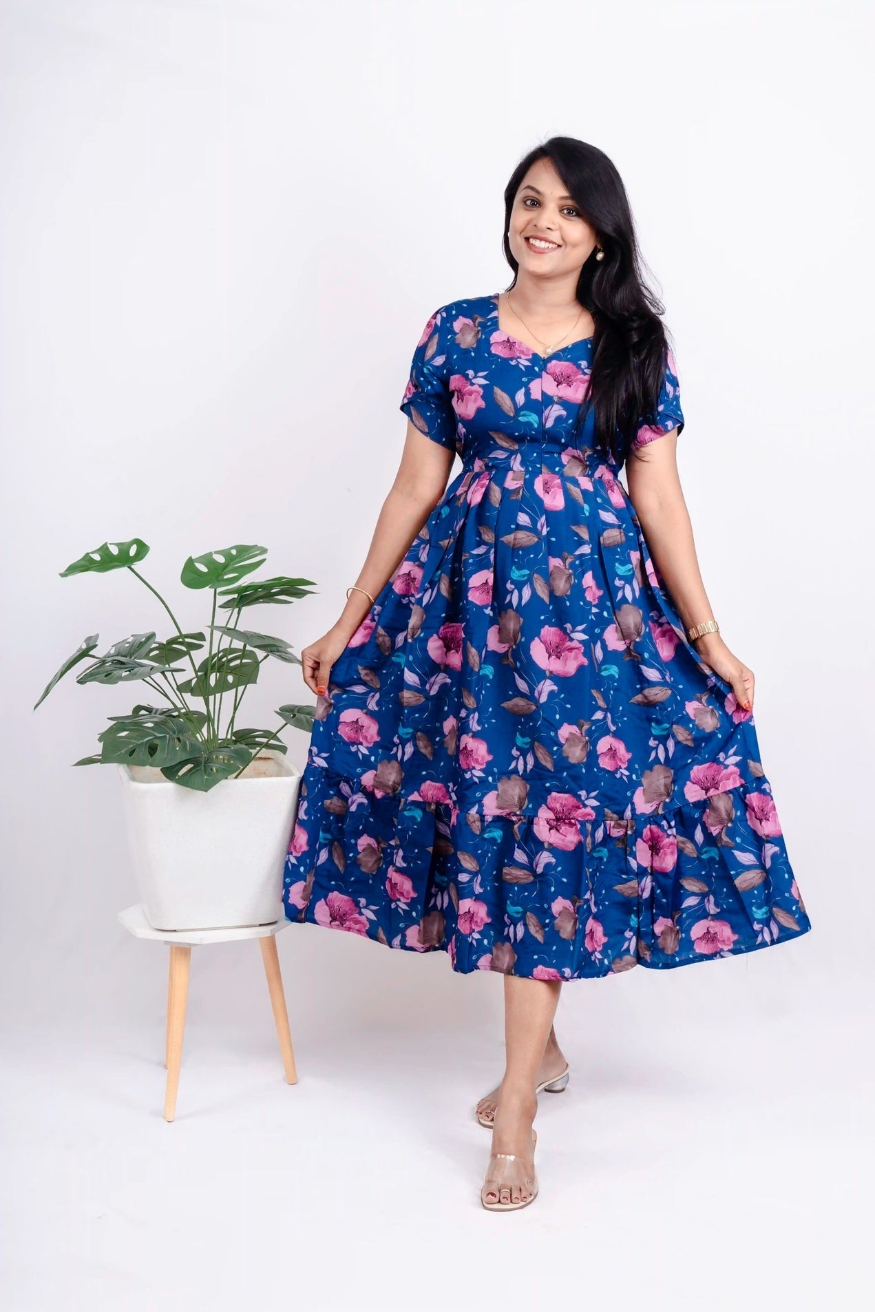 Navy pink Casual Dress With Lining