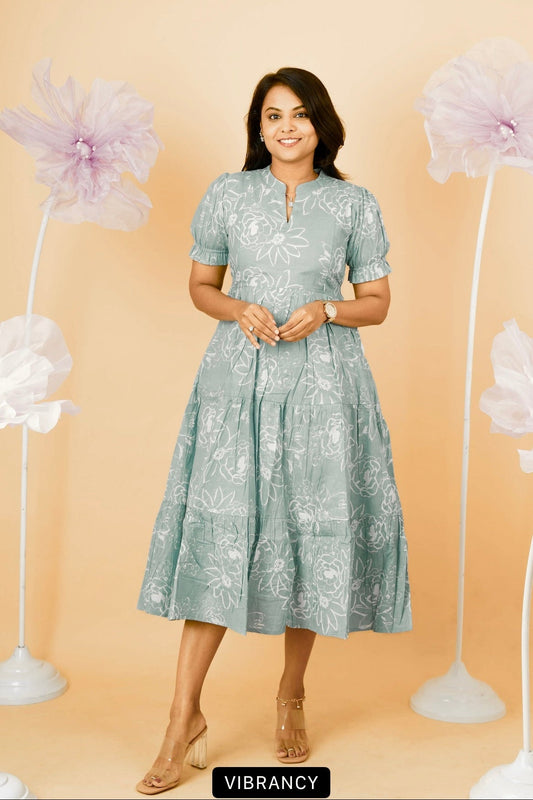 Sage Flower casual Dress With Lining