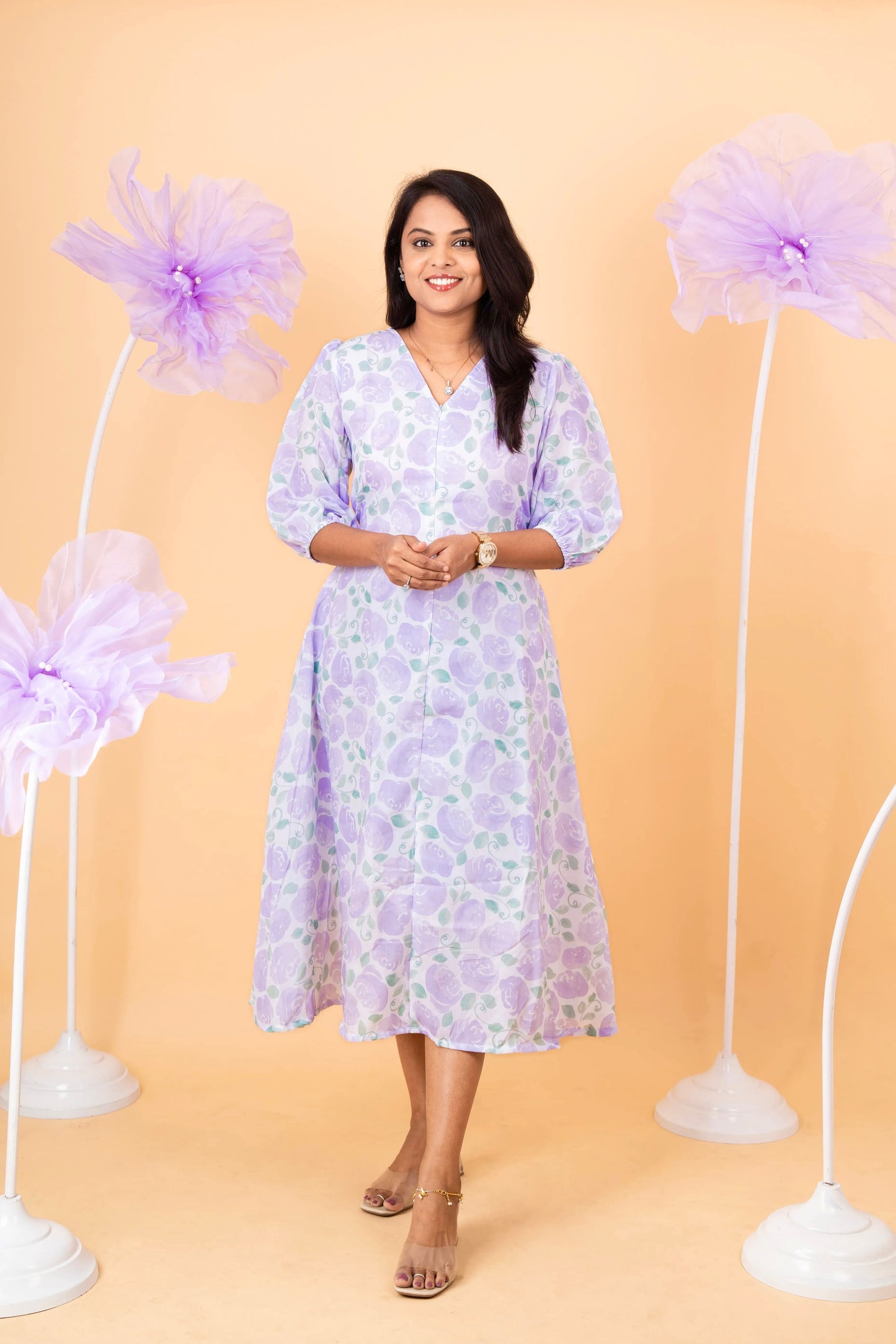 Lavender rose  casual  Dress With Lining ( No-Iron Everyday Dress)