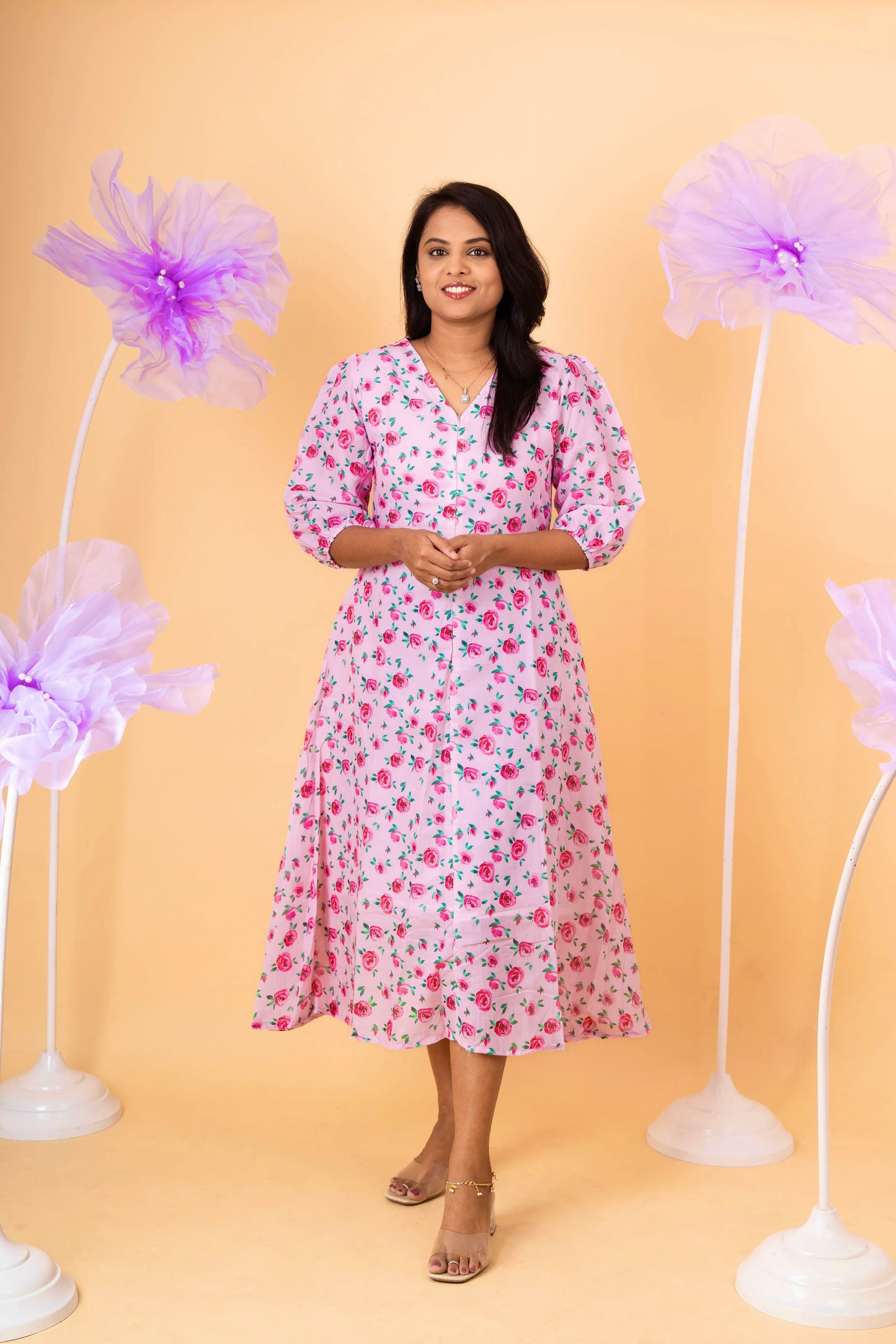 Rose casual  Dress With Lining ( No-Iron Everyday Dress)