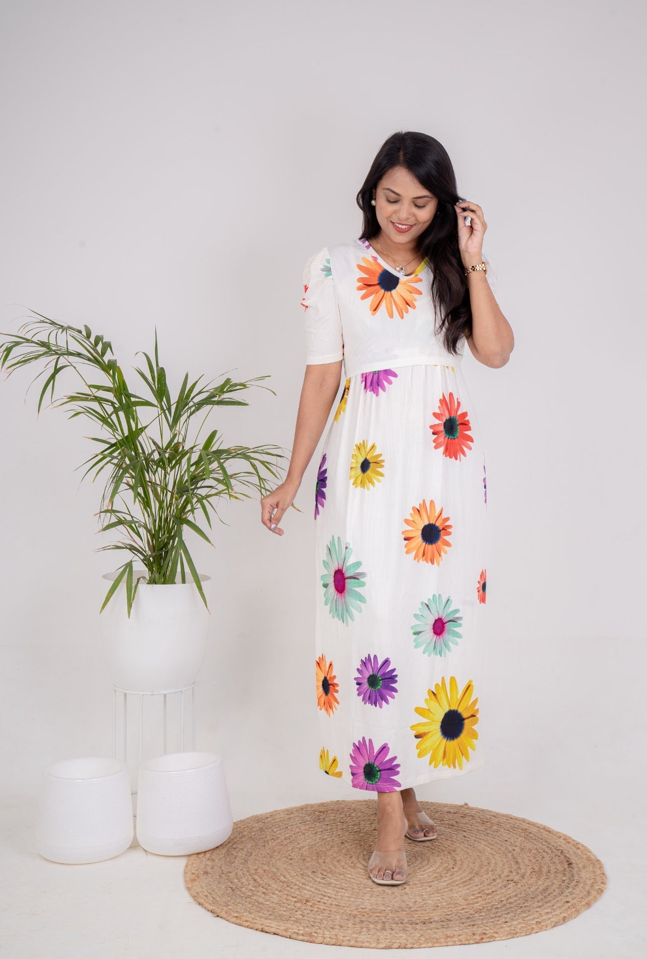 Maxi White Sunflower Ribbed Dress ( samaya exclusive premium fabric )( Minor embroidery,stain variation )