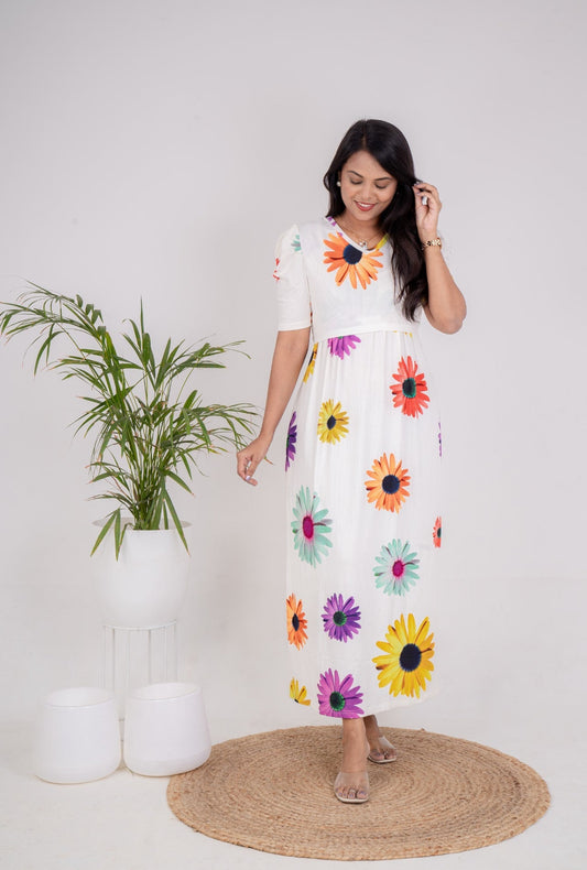 Maxi White Sunflower Ribbed Dress ( samaya exclusive premium fabric )( Minor embroidery,stain variation )