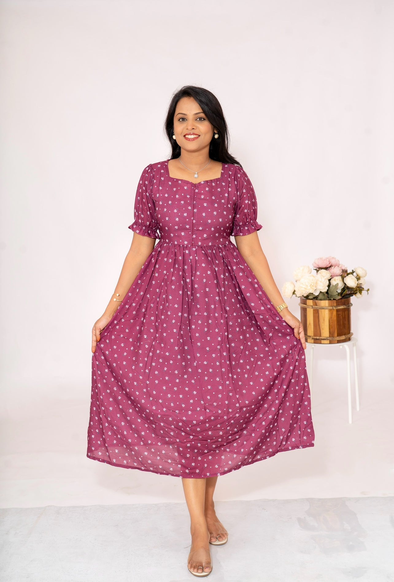 Maroon Casual  Dress With Lining ( No-Iron Everyday Dress)