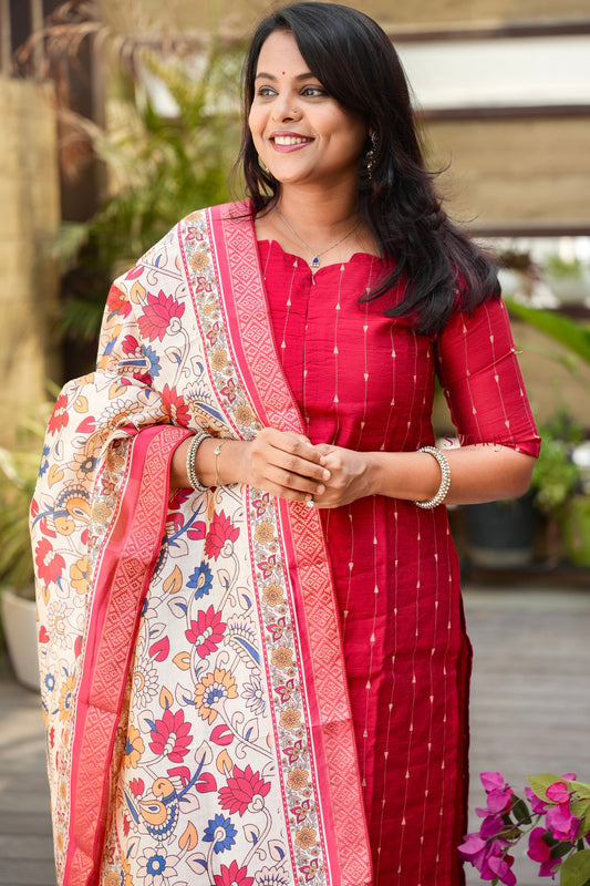 Sinthoor 3 piece raw silk suit set with Dupatta