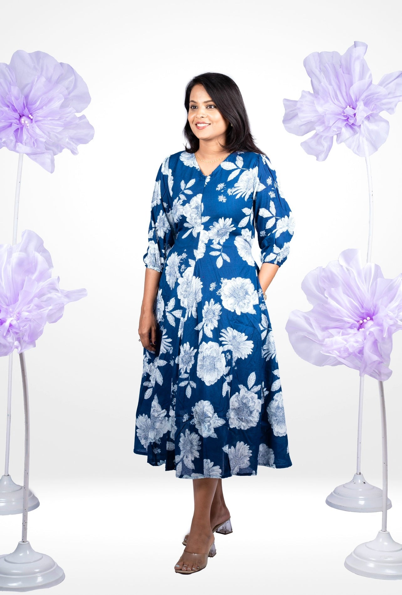 Navy Flower Casual Dress With Lining (SPECIAL SALE PRICE)