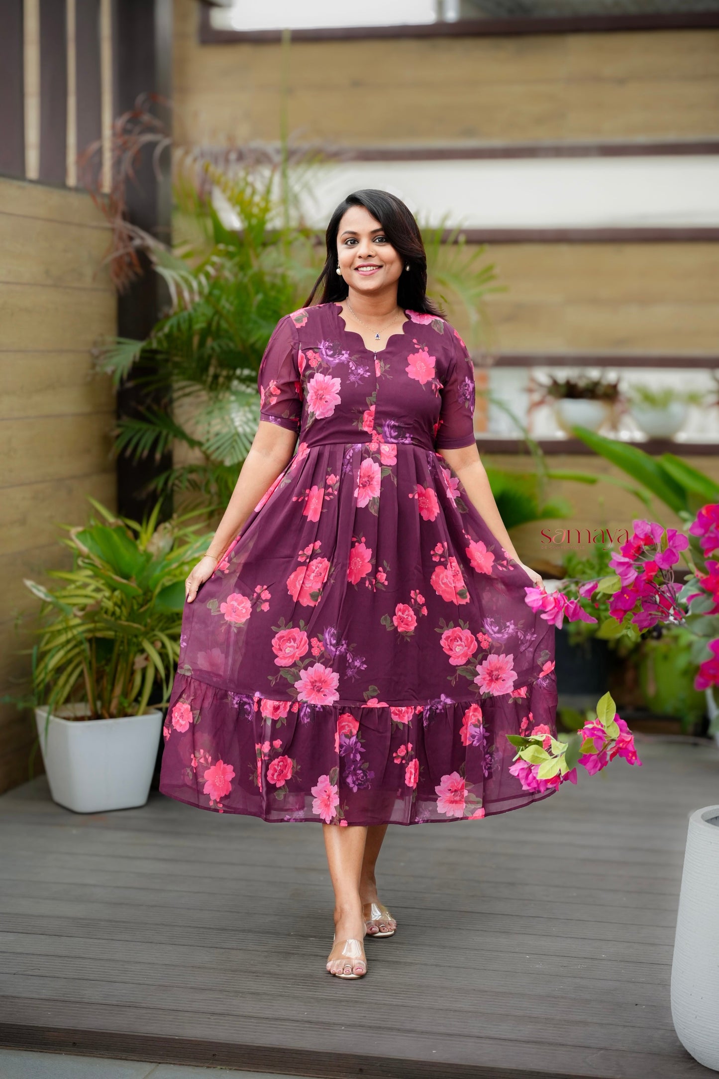 Maroon georgette casual Dress With Lining ( No-Iron Everyday Dress)