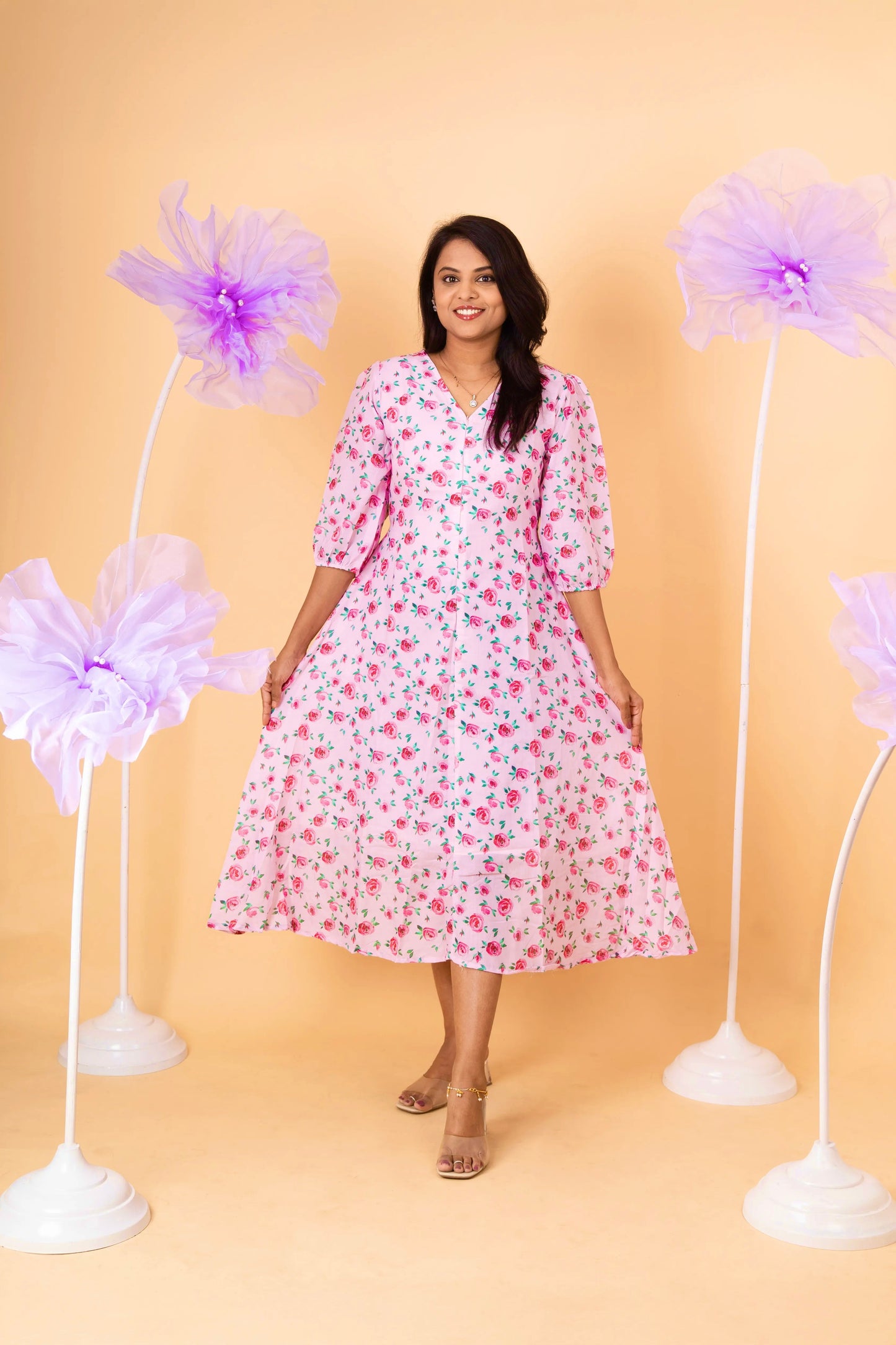 Rose casual  Dress With Lining ( No-Iron Everyday Dress)