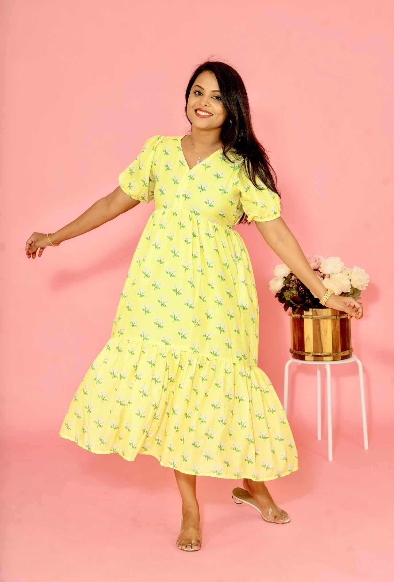 Lemon Yellow Casual  Dress With Lining ( No-Iron Everyday Dress)