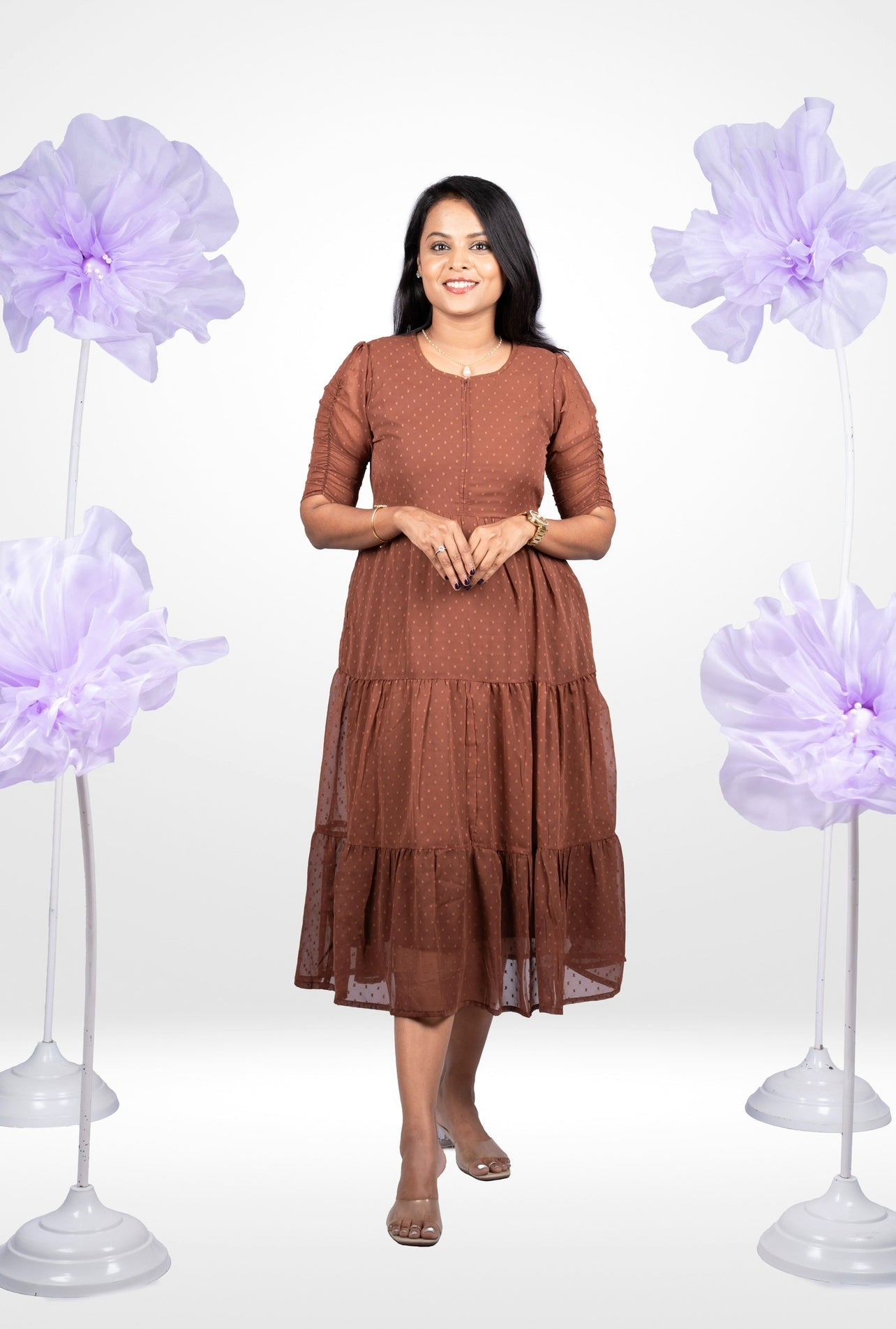 Chocolate georgette casual  Dress With Lining ( No-Iron Everyday Dress)