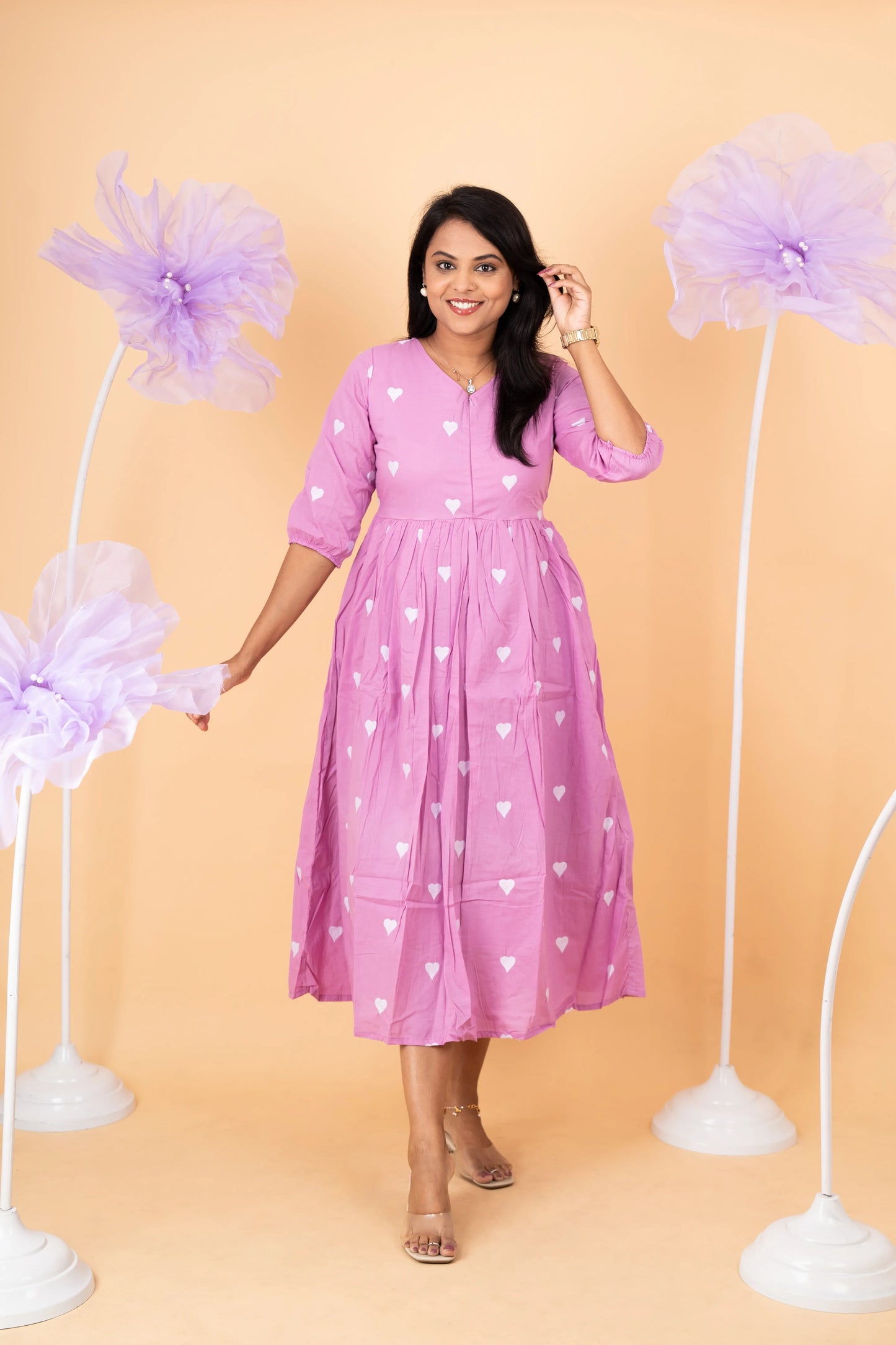 Lavender heart embroidered pure cotton casual  Dress With Lining (minor  stain in the dress so sold at sale price )