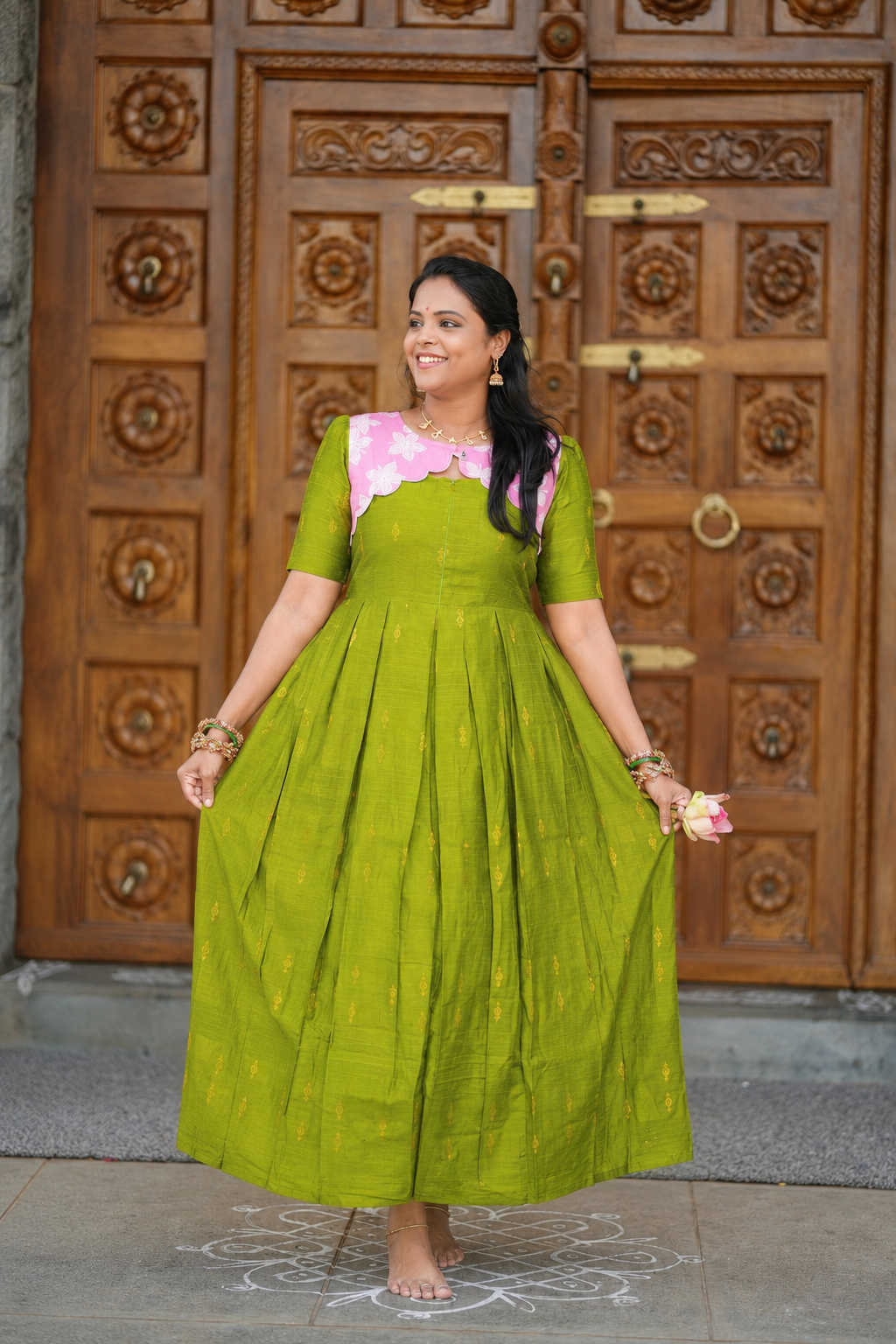 Geethanjali raw silk maxi Dress With chanderi scallop ( ready to dispatch)