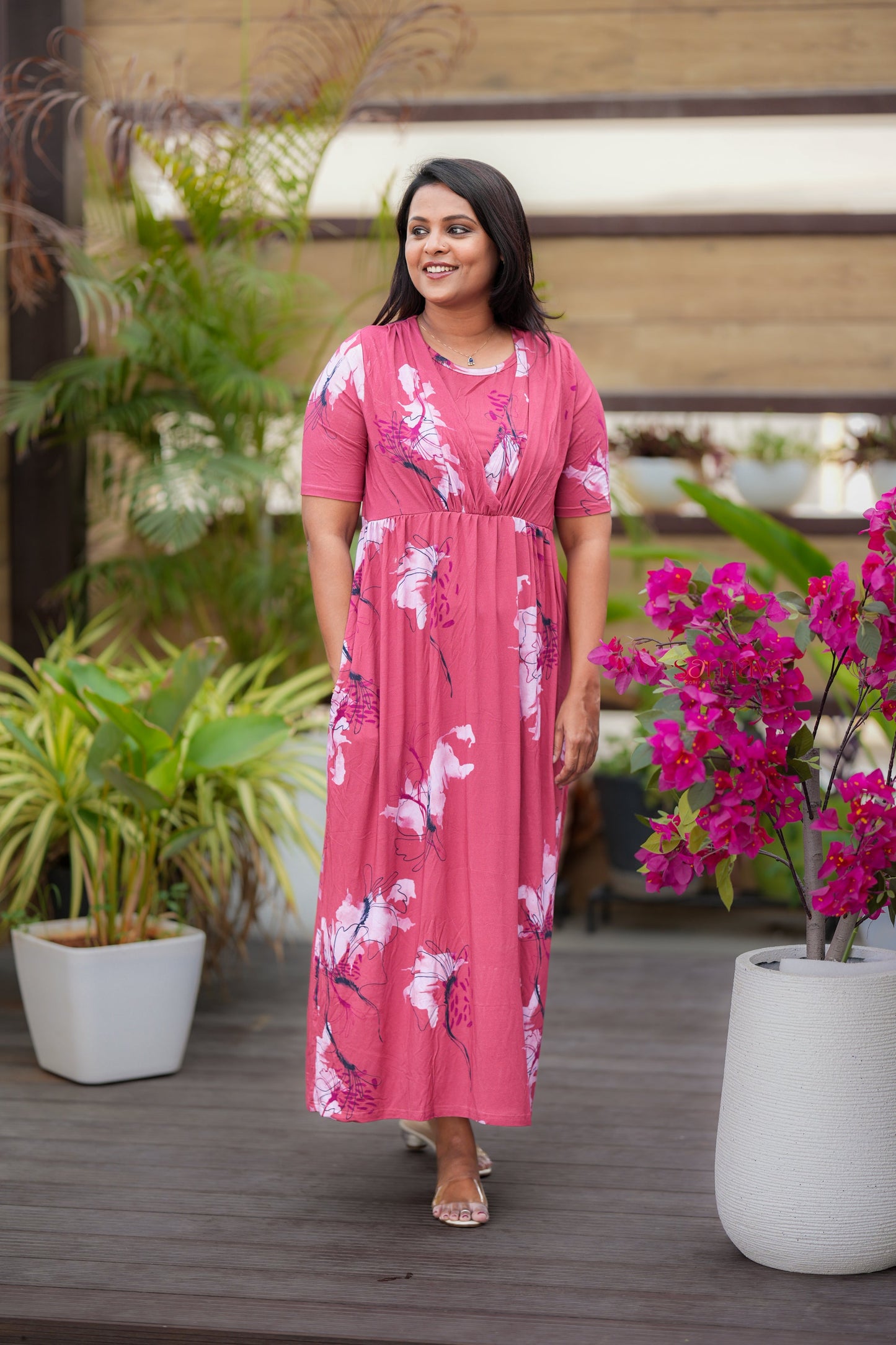 Maxi Peach Light Weight Dress with attached dupptta drape