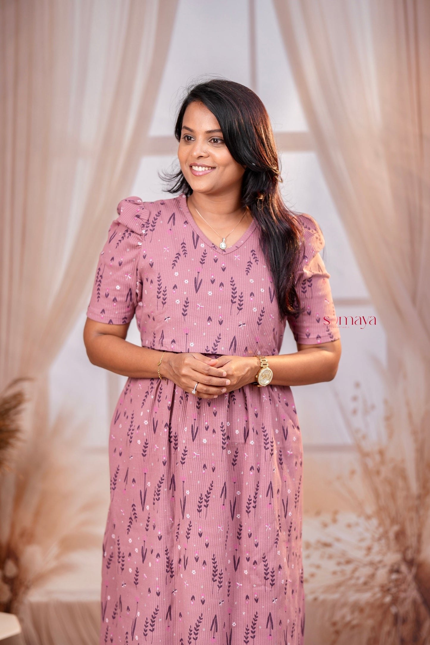 Midi Dusty Pink Ribbed Thick Weight Dress  ( cotton fabric )