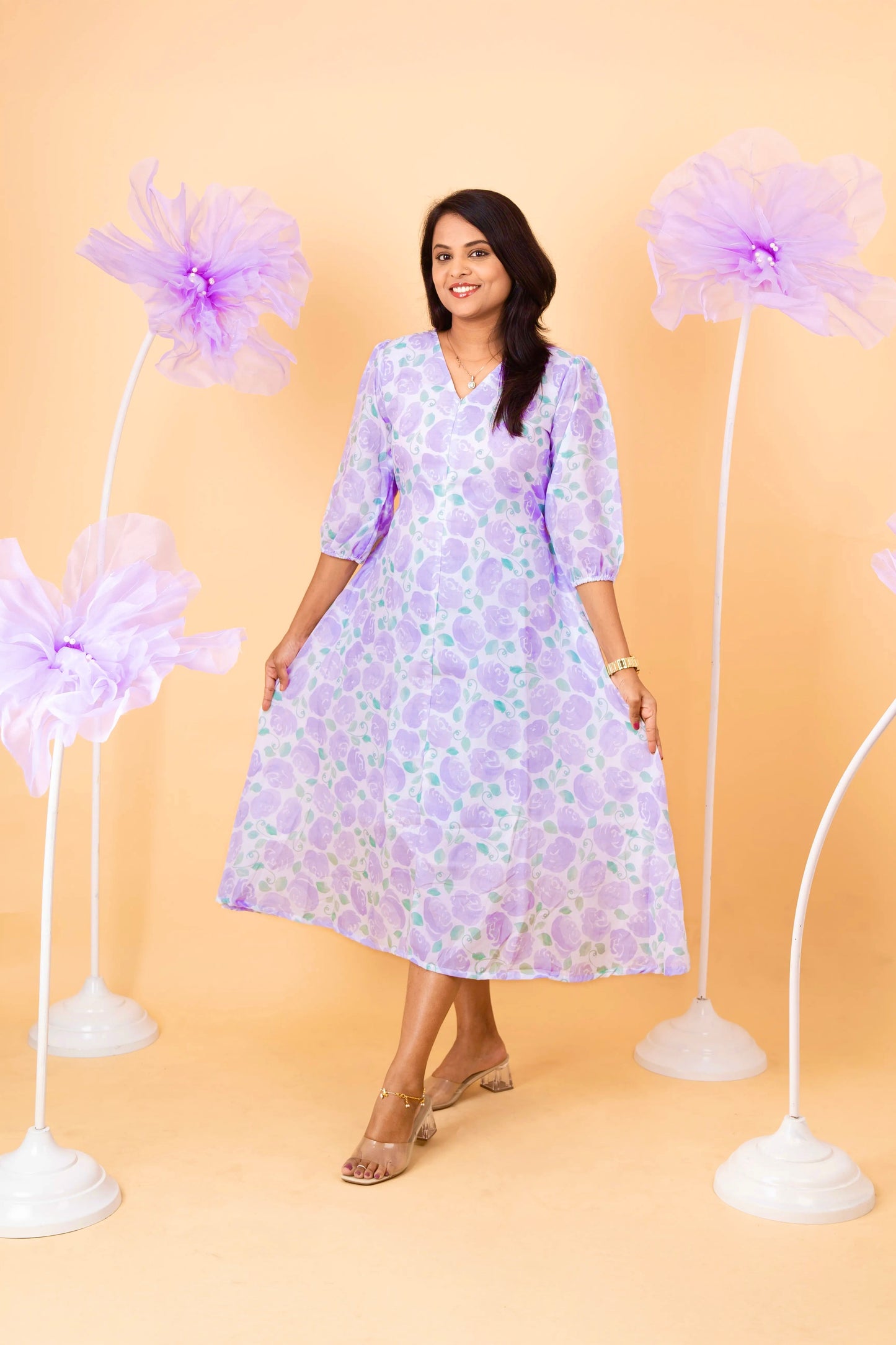 Lavender rose  casual  Dress With Lining ( No-Iron Everyday Dress)