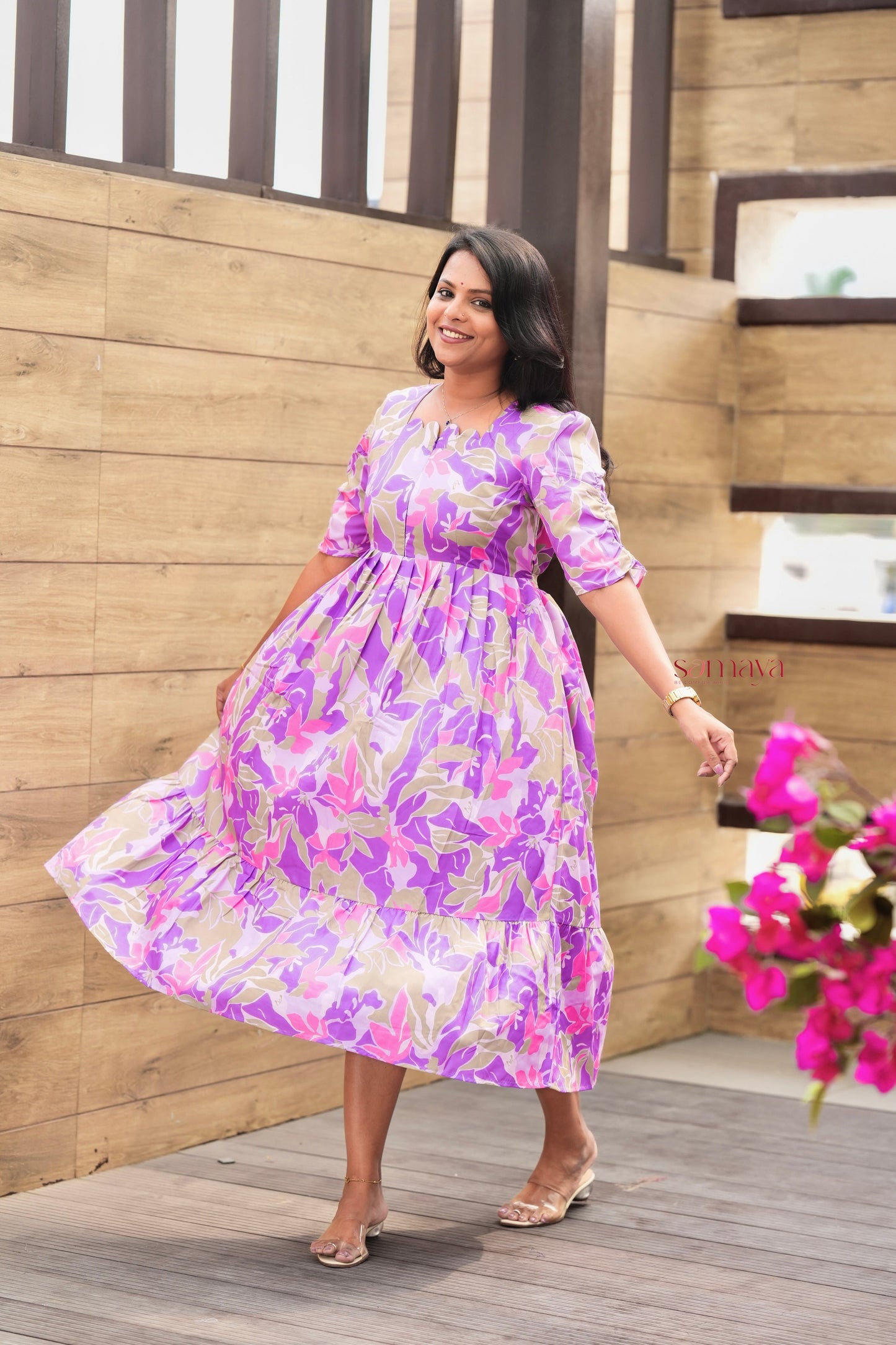 Laya Floral Dress With lining( Wrinkle-Free Cotton Blend Dress)
