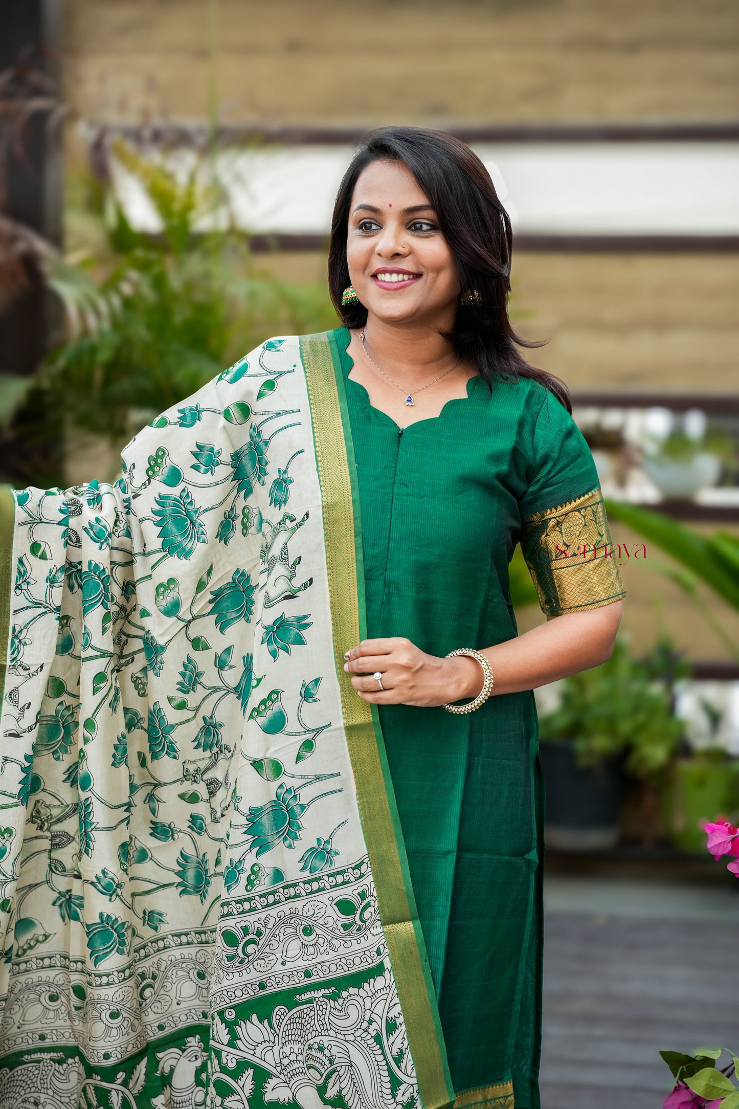 Mangalgiri Green Narayanapet silk top with kalamkari hand painted duppatta set of 2 ( ready to dispatch)