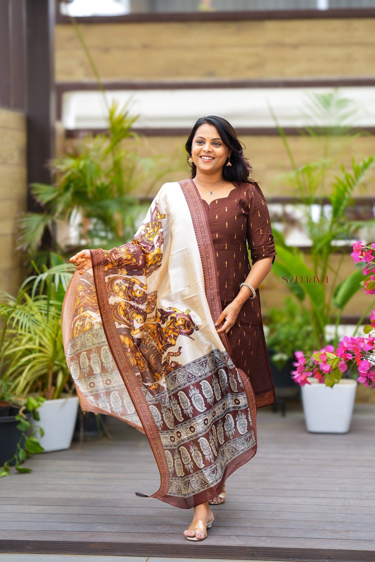 Chocolate - 3 piece salwar suit set with printed kalamkari dupatta