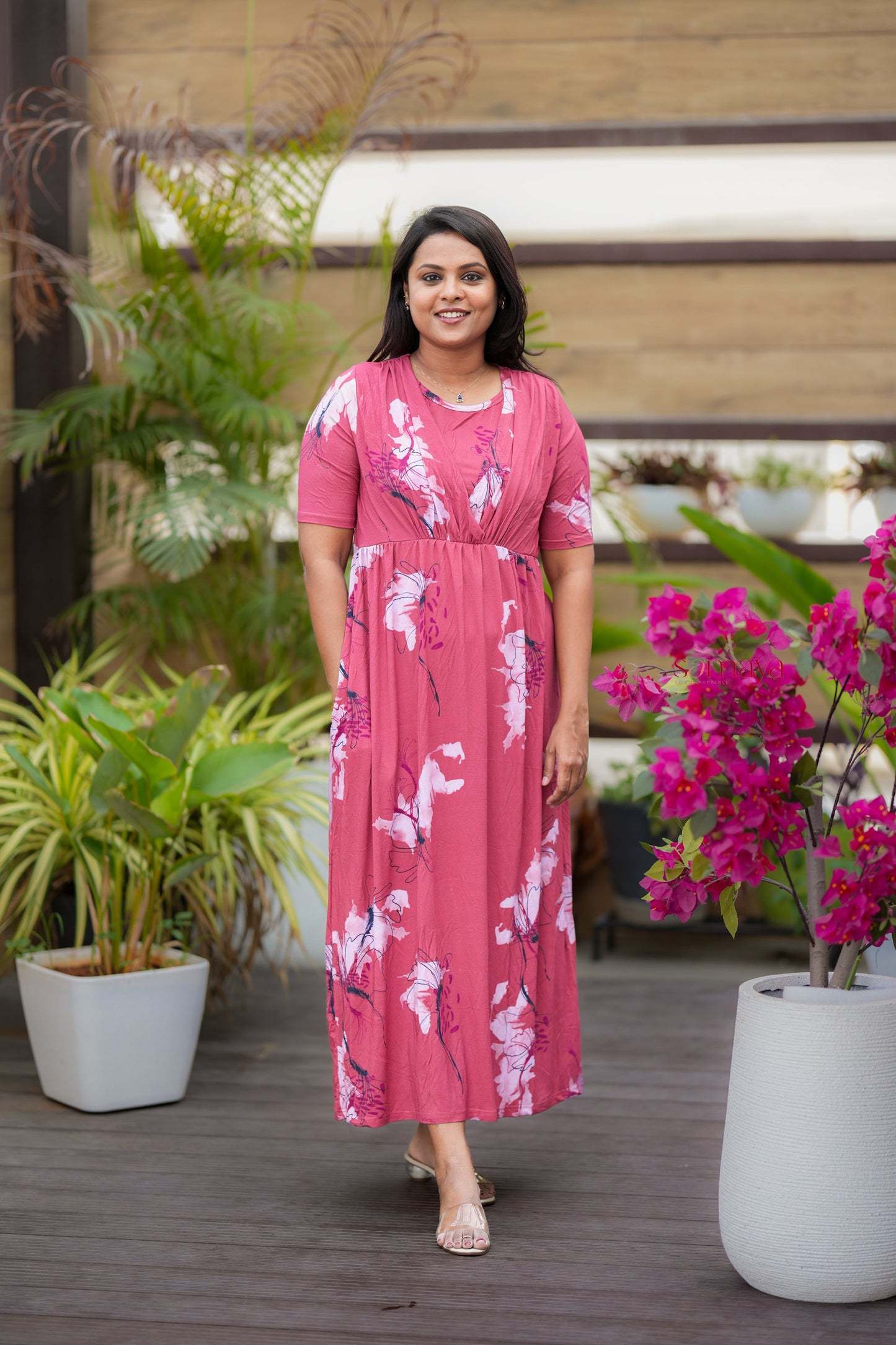 Maxi Peach Light Weight Dress with attached dupptta drape