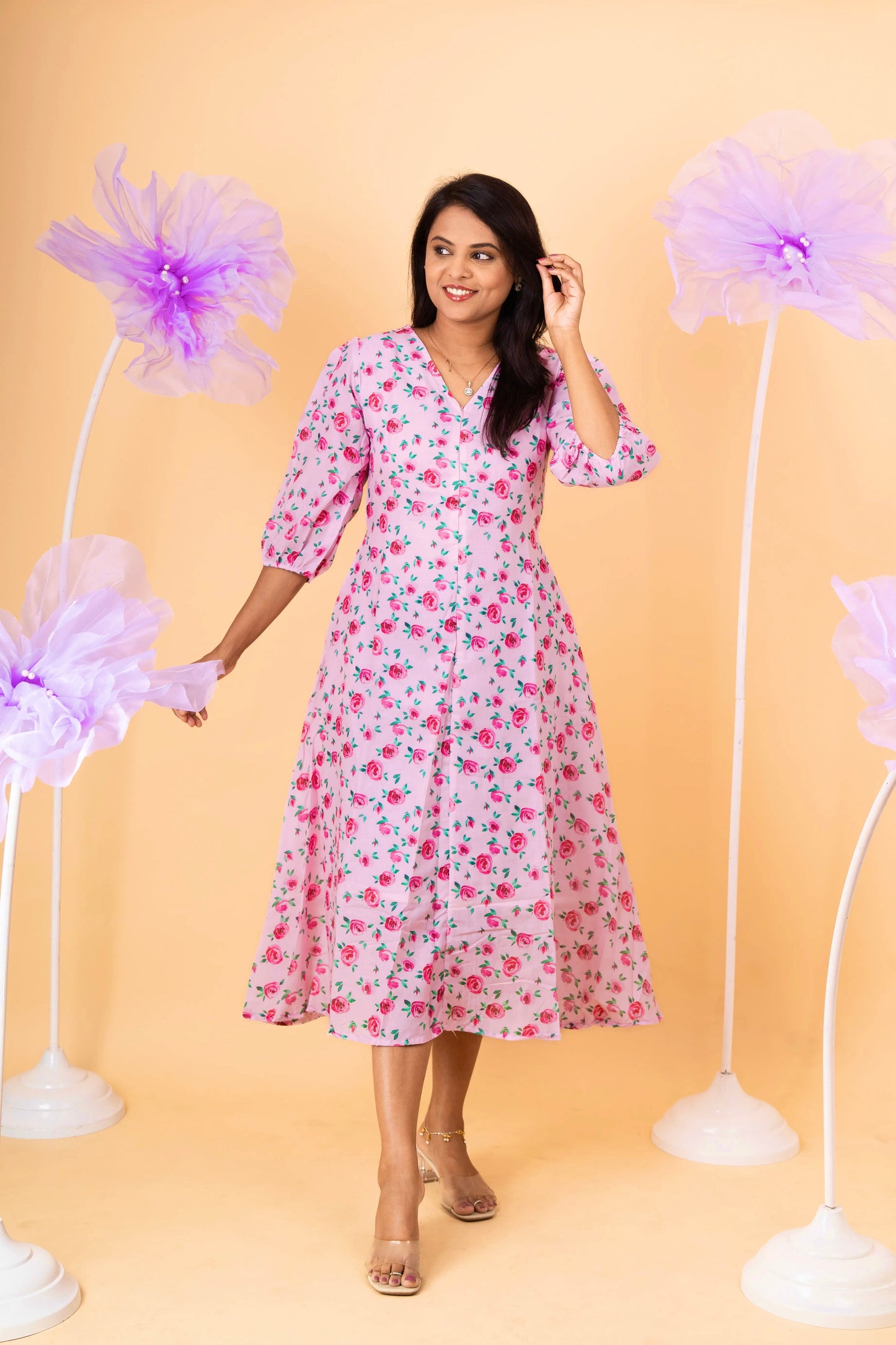 Rose casual  Dress With Lining ( No-Iron Everyday Dress)