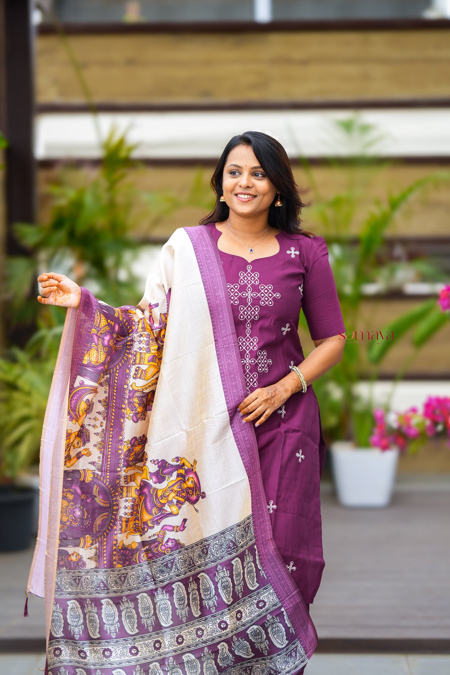Saanvi -Purple Kolam 3 piece salwar suit set with kalamkari printed dupatta