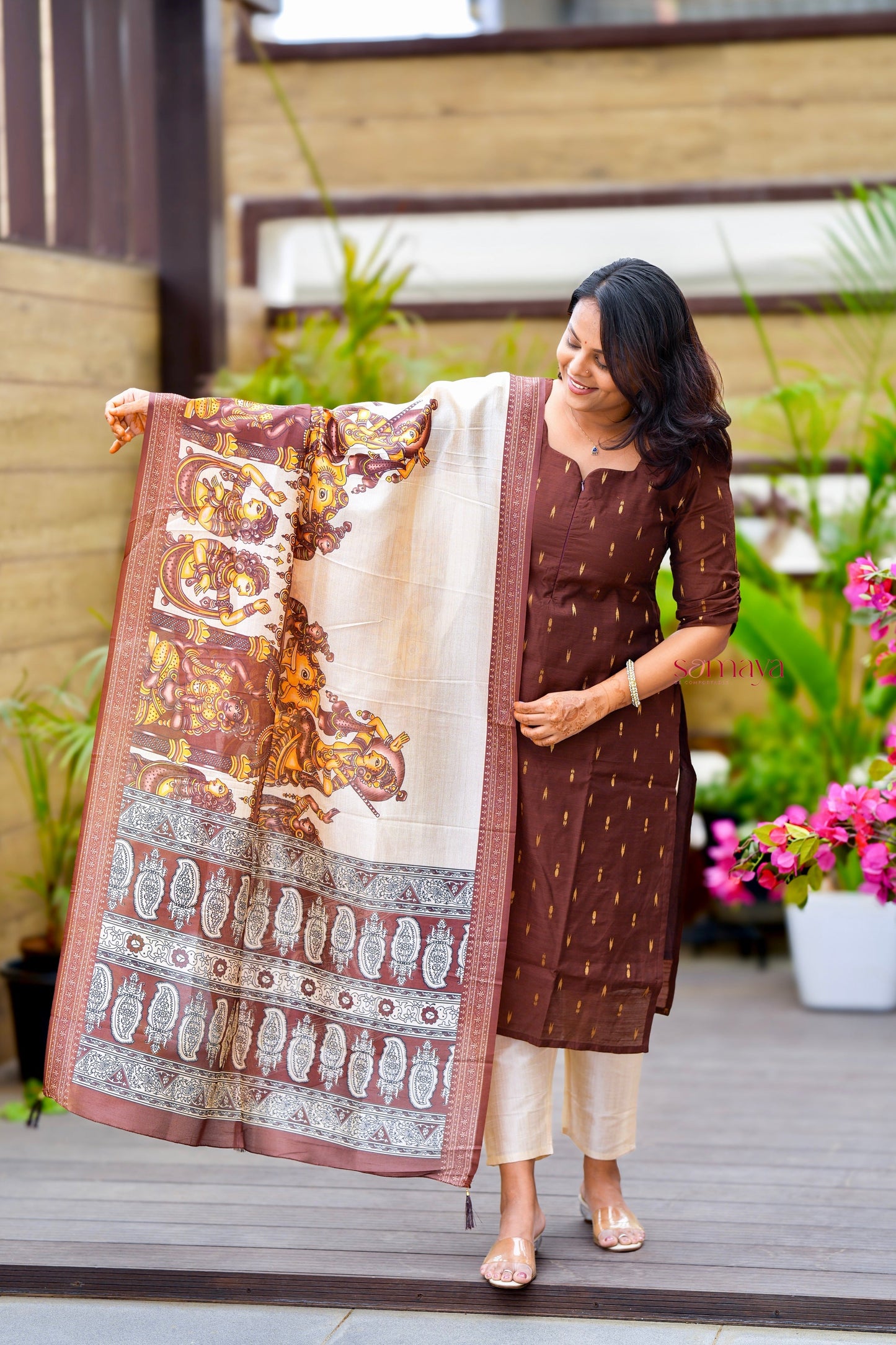 Chocolate - 3 piece salwar suit set with printed kalamkari dupatta