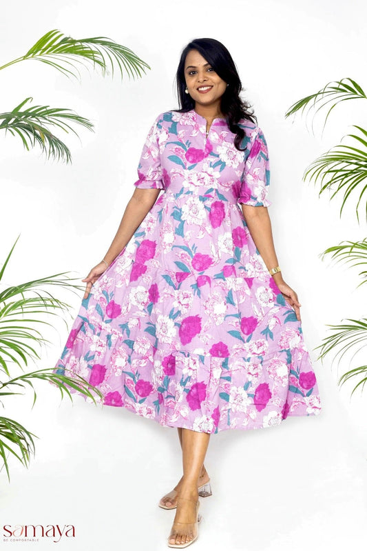 Lavender floral casual  dress with lining