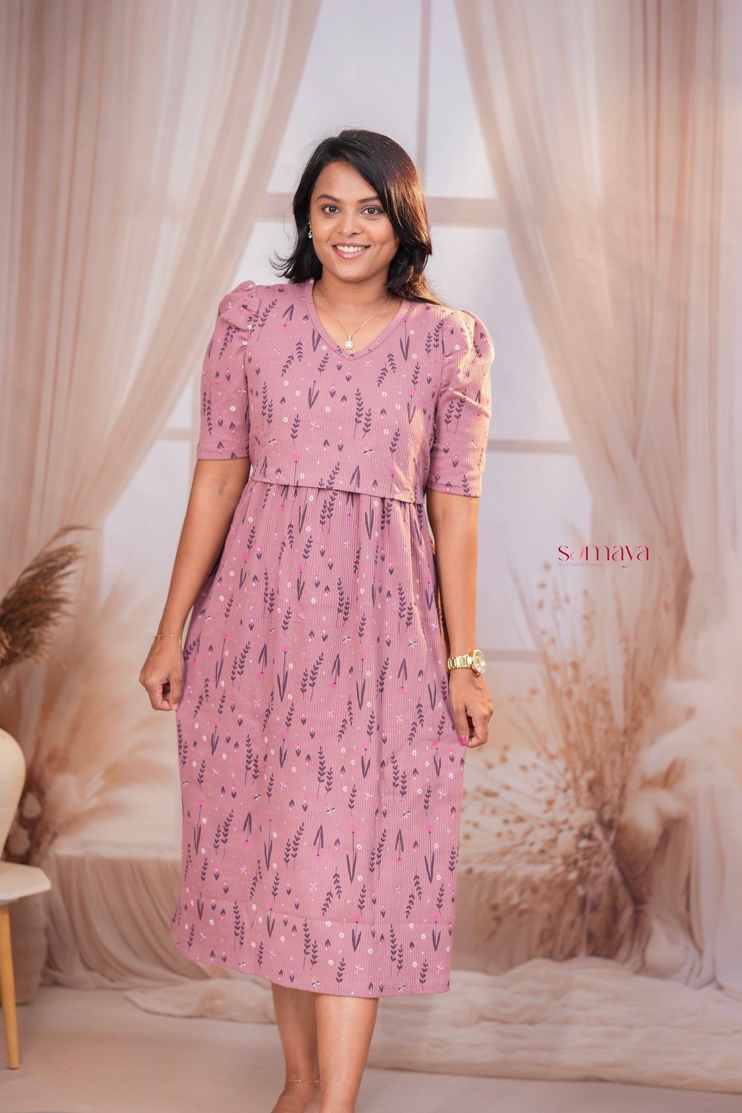 Midi Dusty Pink Ribbed Thick Weight Dress  ( cotton fabric )