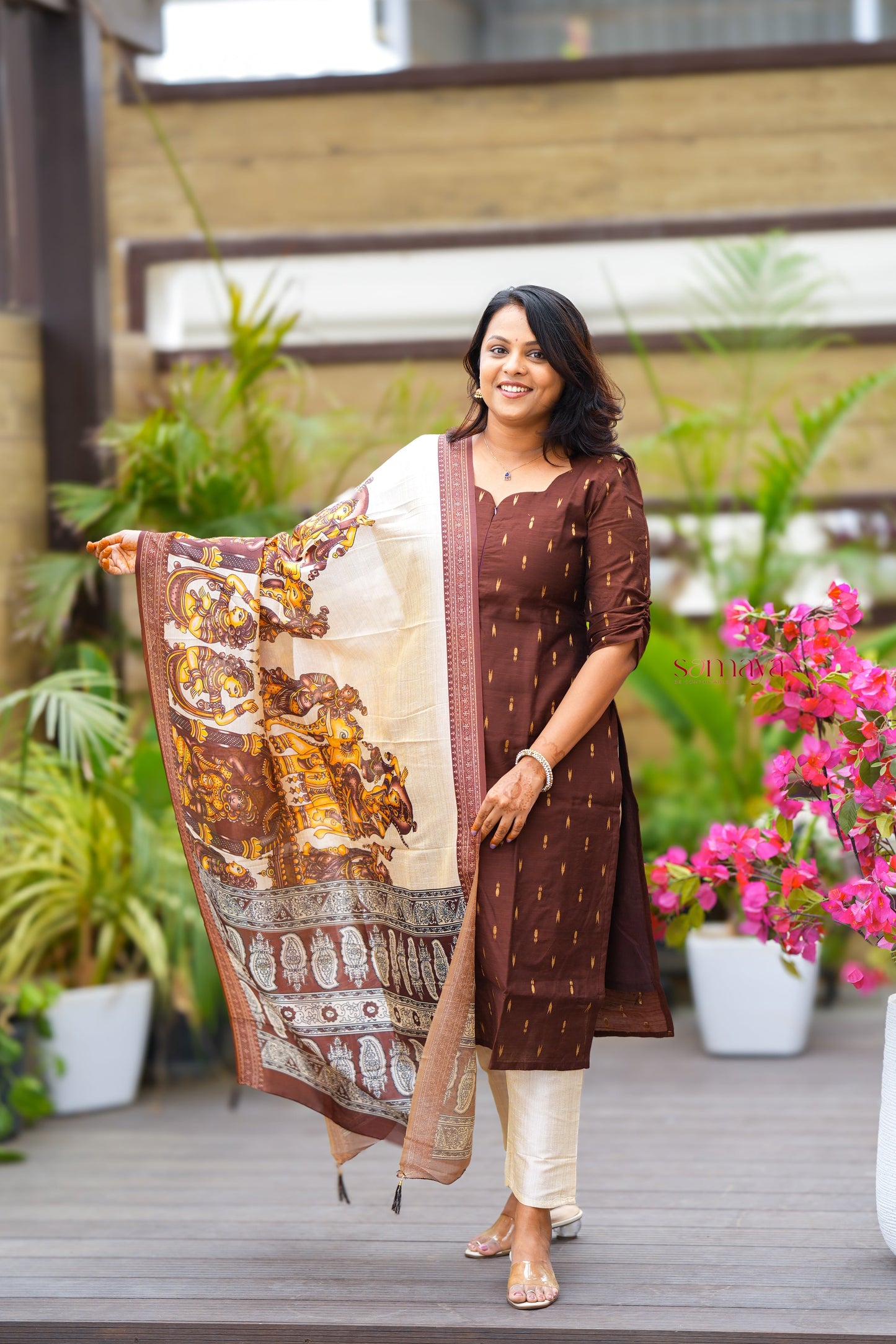 Chocolate - 3 piece salwar suit set with printed kalamkari dupatta