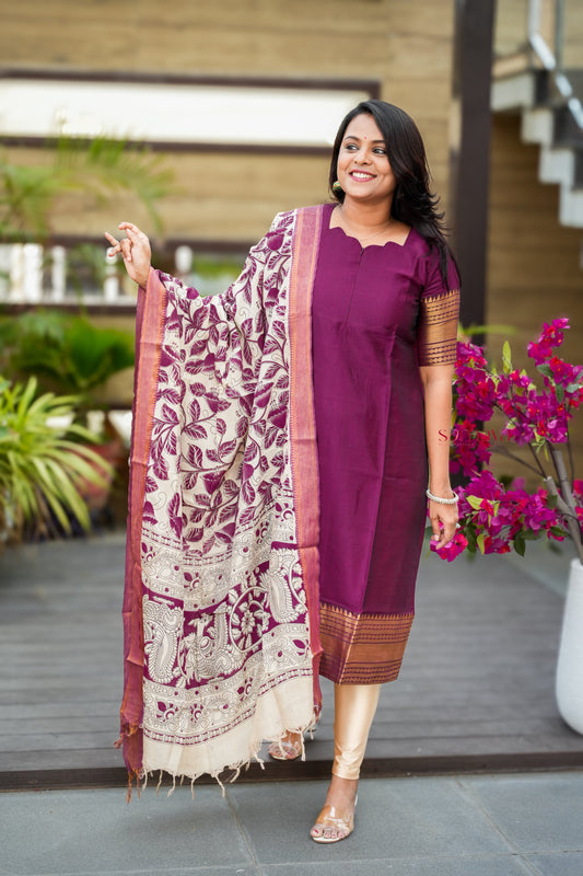 Bhavithra Narayanapet silk top with kalamkari hand painted duppatta set of 2 ( ready to dispatch)