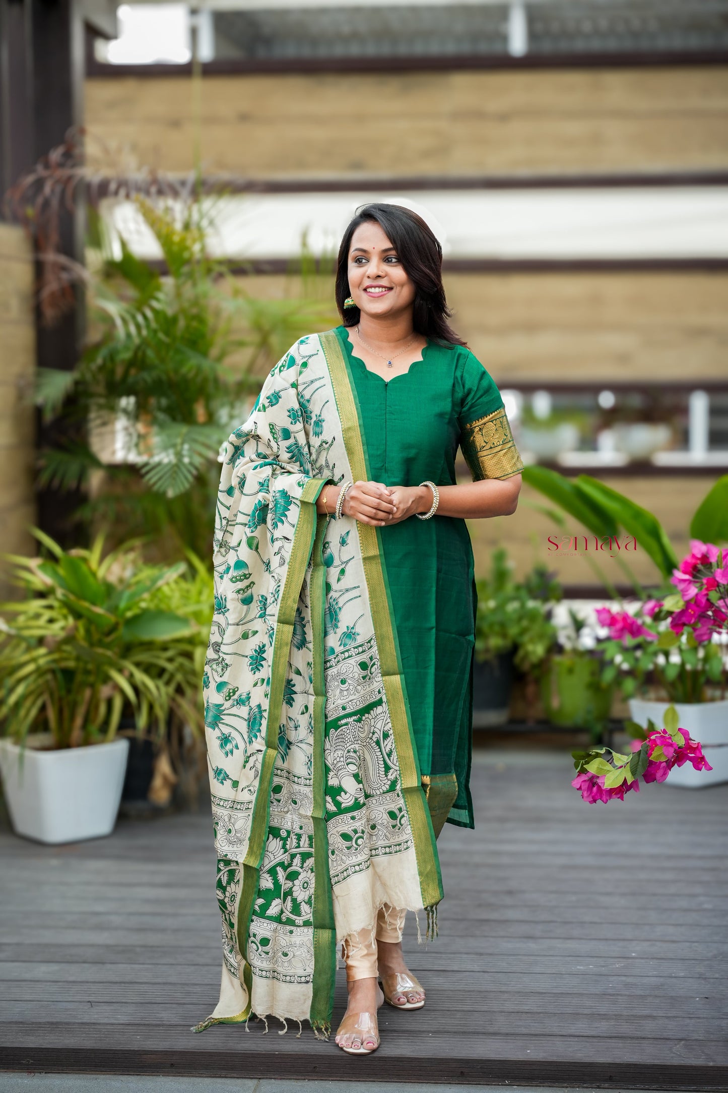 Mangalgiri Green Narayanapet silk top with kalamkari hand painted duppatta set of 2 ( ready to dispatch)