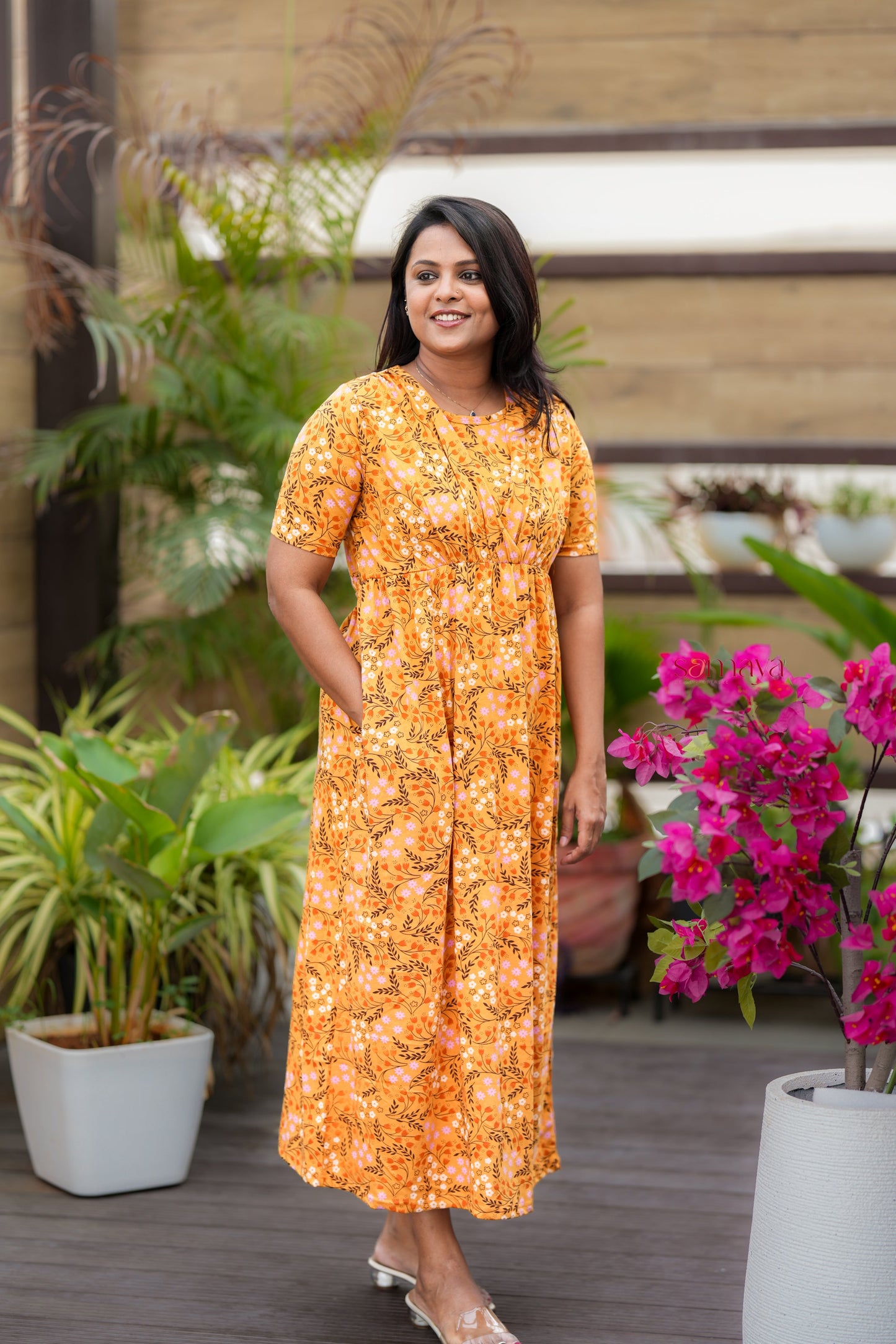 Maxi Mustard Light Weight Dress with attached dupptta drape