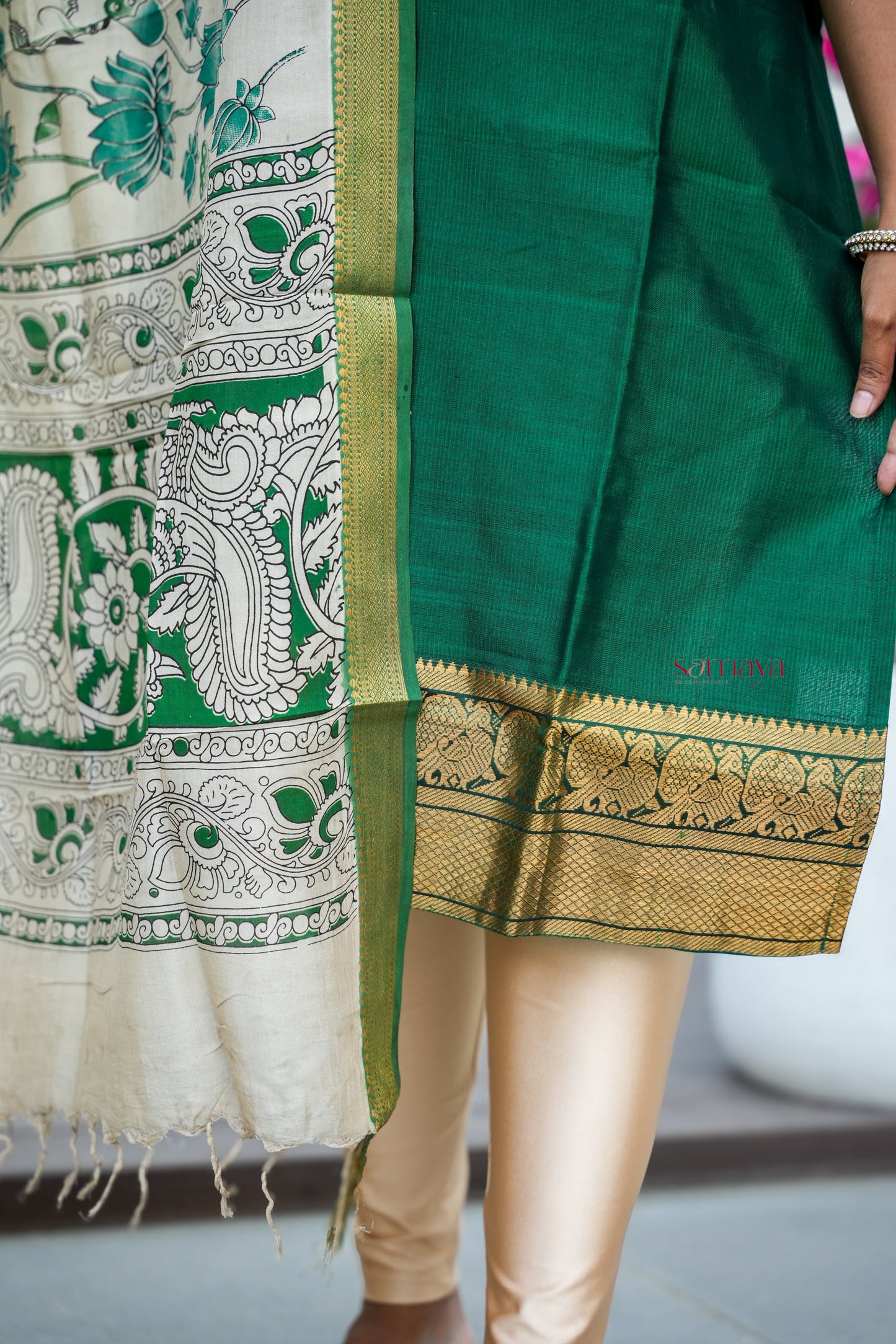 Mangalgiri Green Narayanapet silk top with kalamkari hand painted duppatta set of 2 ( ready to dispatch)