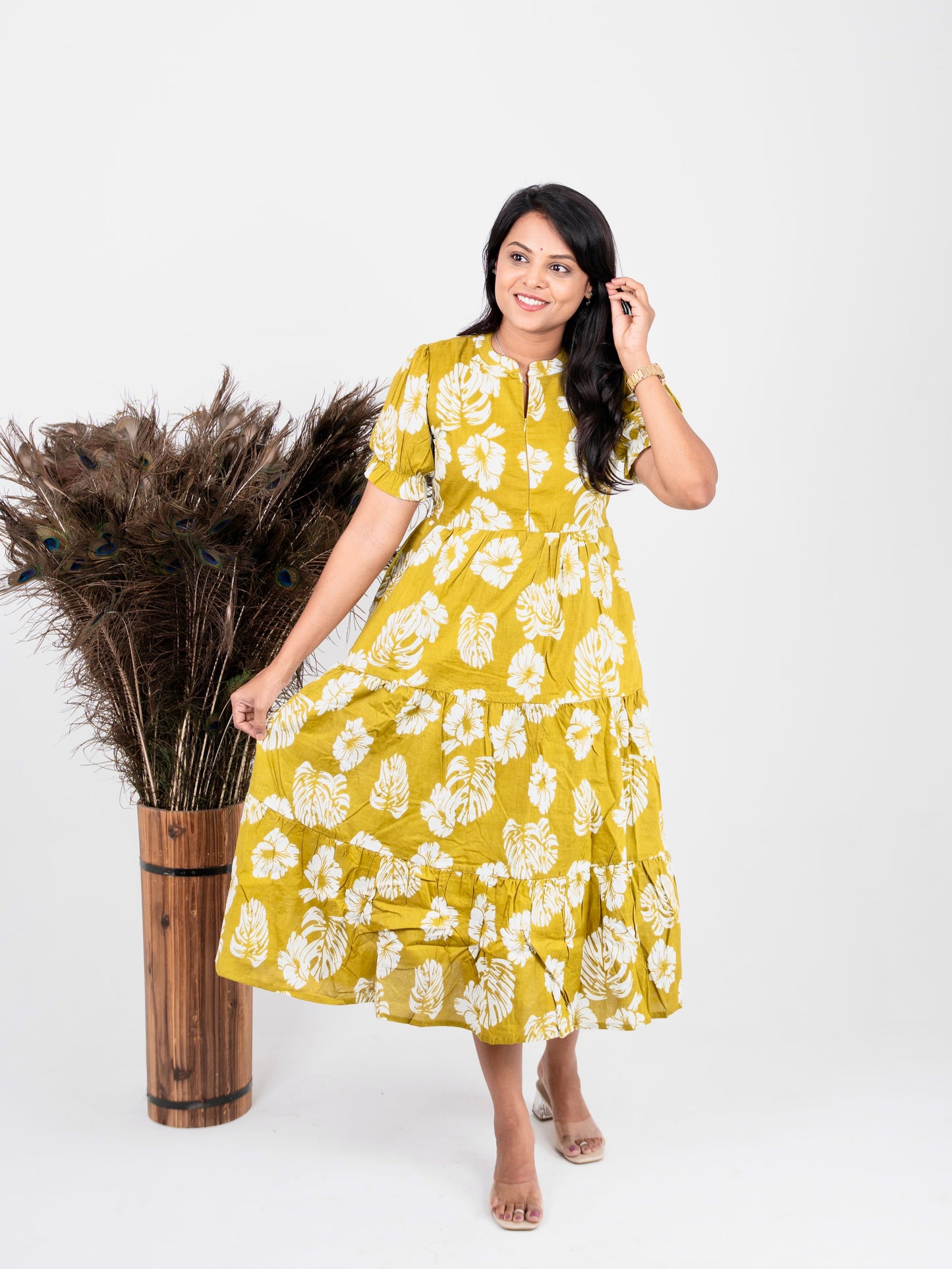 Yellow Green casual Dress With Lining