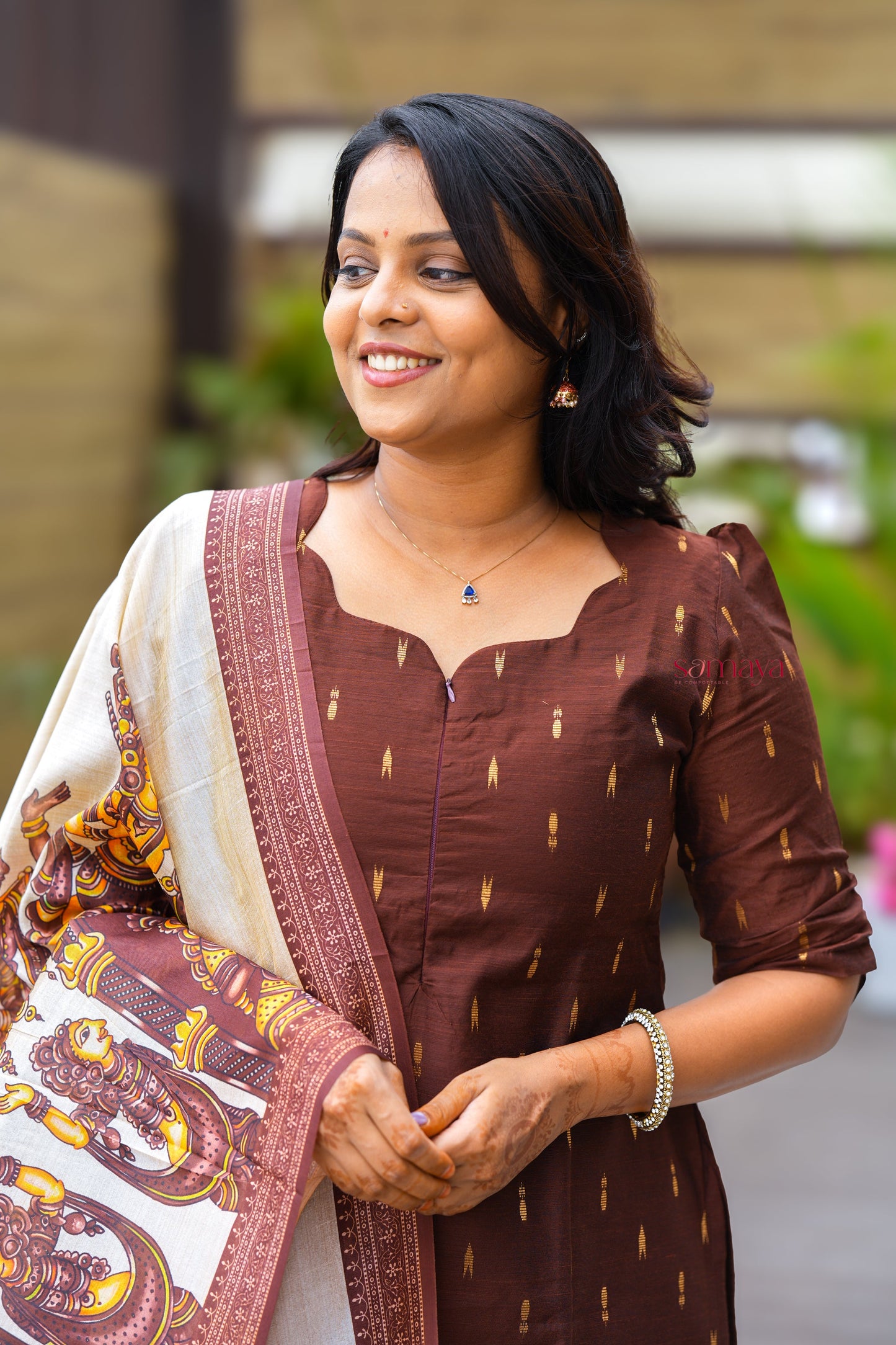 Chocolate - 3 piece salwar suit set with printed kalamkari dupatta