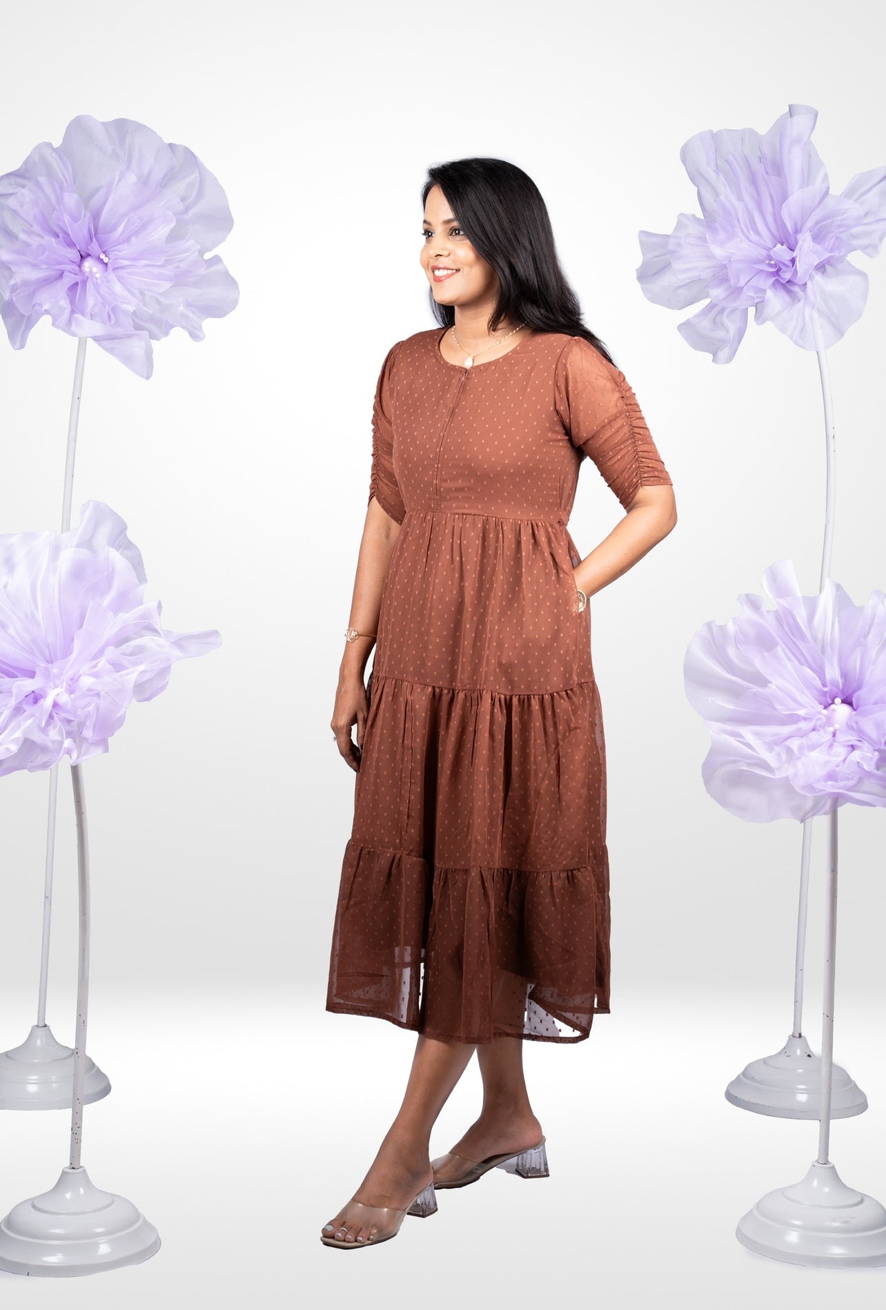 Chocolate georgette casual  Dress With Lining ( No-Iron Everyday Dress)