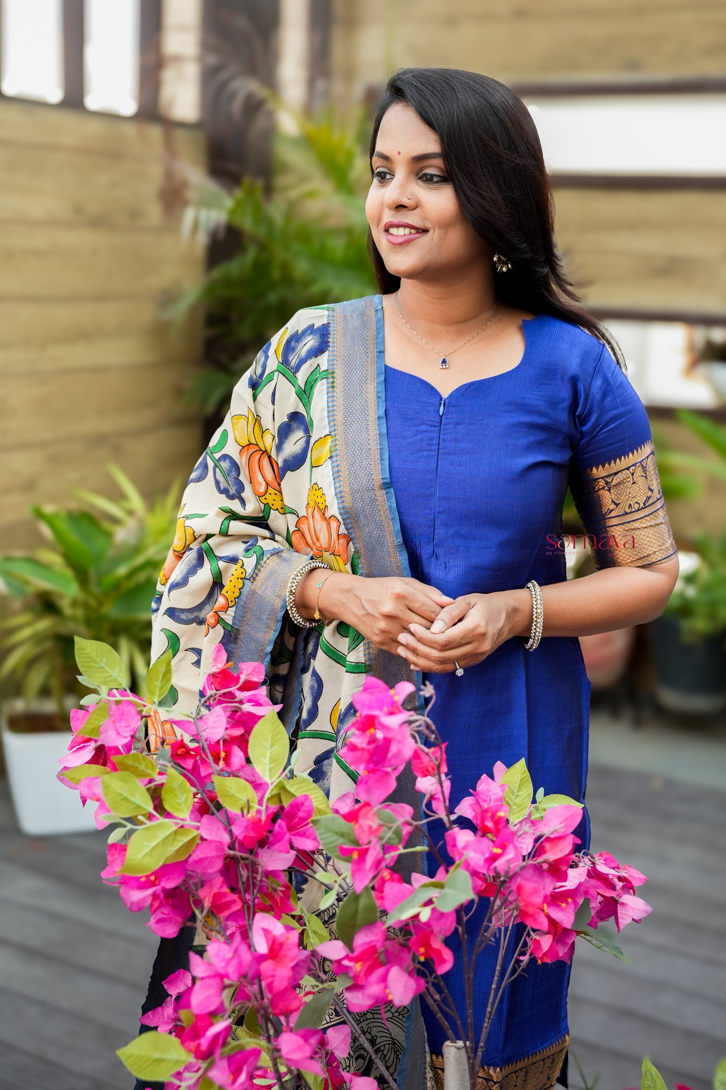 Radhae Mangalgiri Blue Narayanapet silk top with kalamkari hand painted dupptta set of 2 ( ready to dispatch)