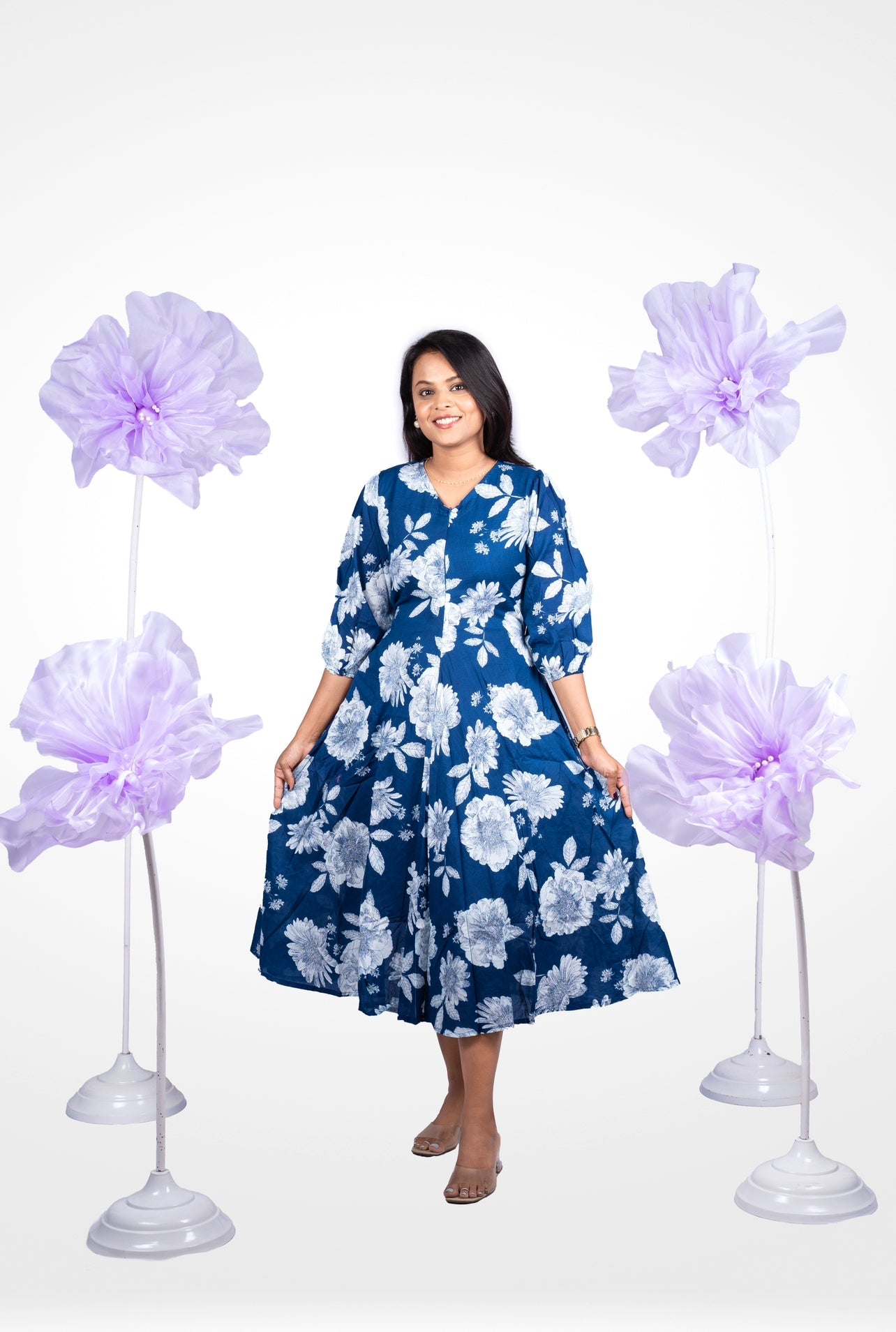 Navy Flower Casual Dress With Lining (SPECIAL SALE PRICE)
