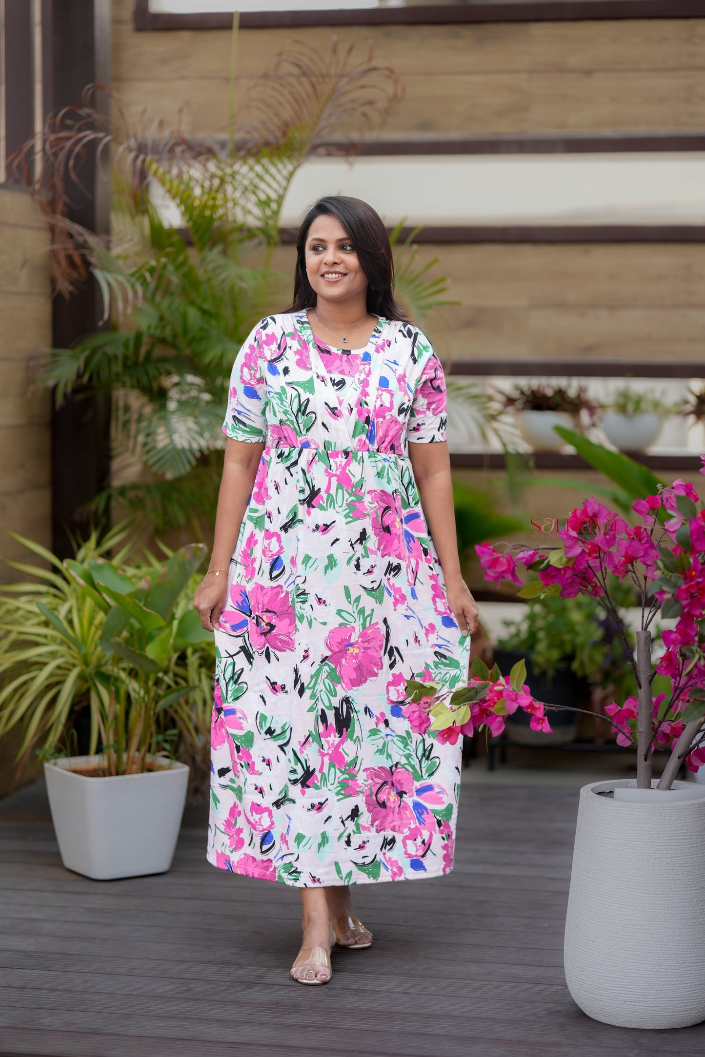 Maxi floral  Light Weight Dress with attached dupptta drape