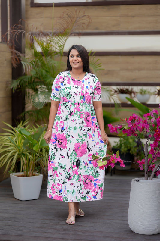 Maxi floral  Light Weight Dress with attached dupptta drape