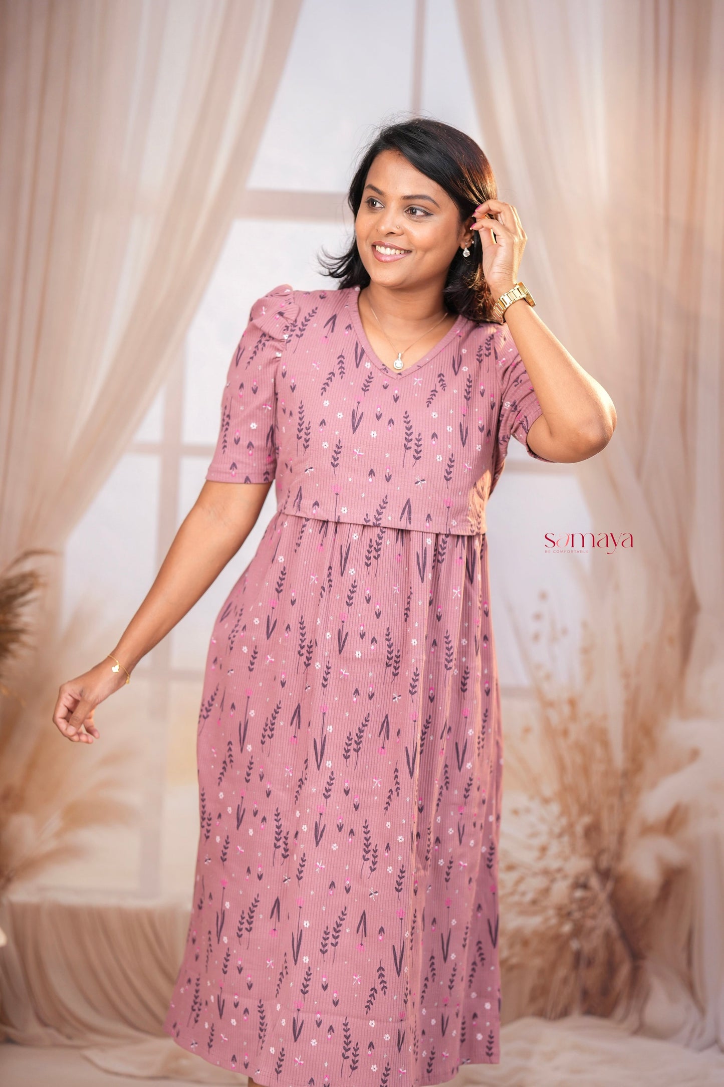 Midi Dusty Pink Ribbed Thick Weight Dress  ( cotton fabric )