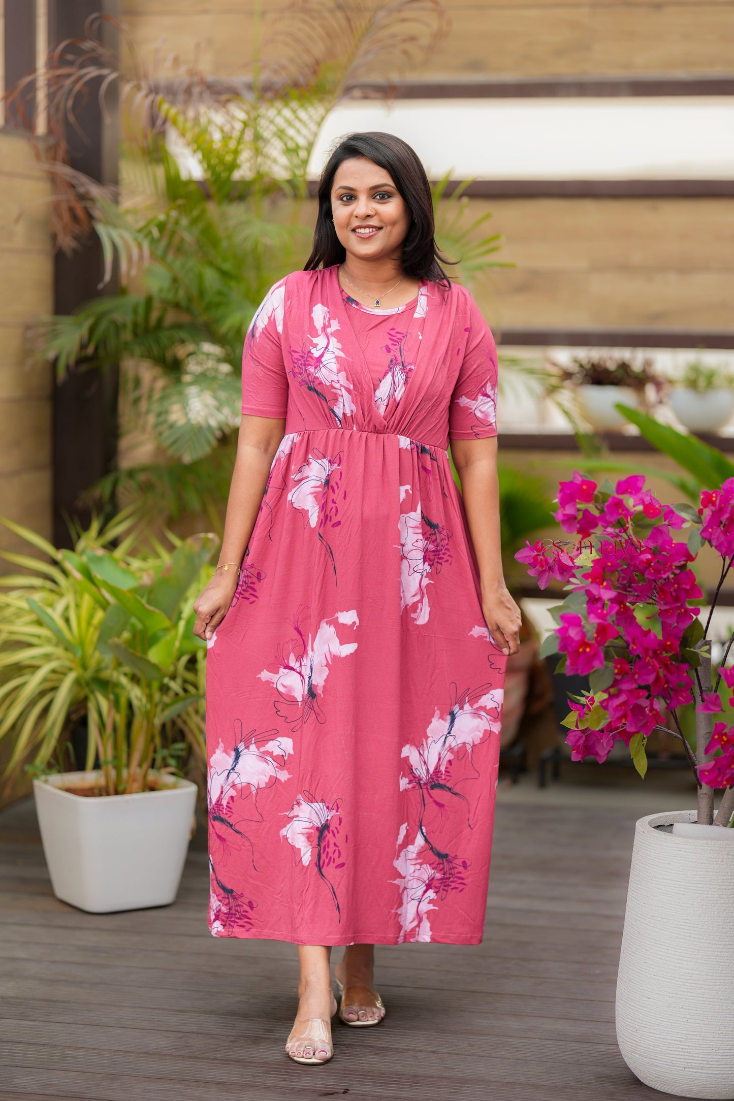 Maxi Peach Light Weight Dress with attached dupptta drape