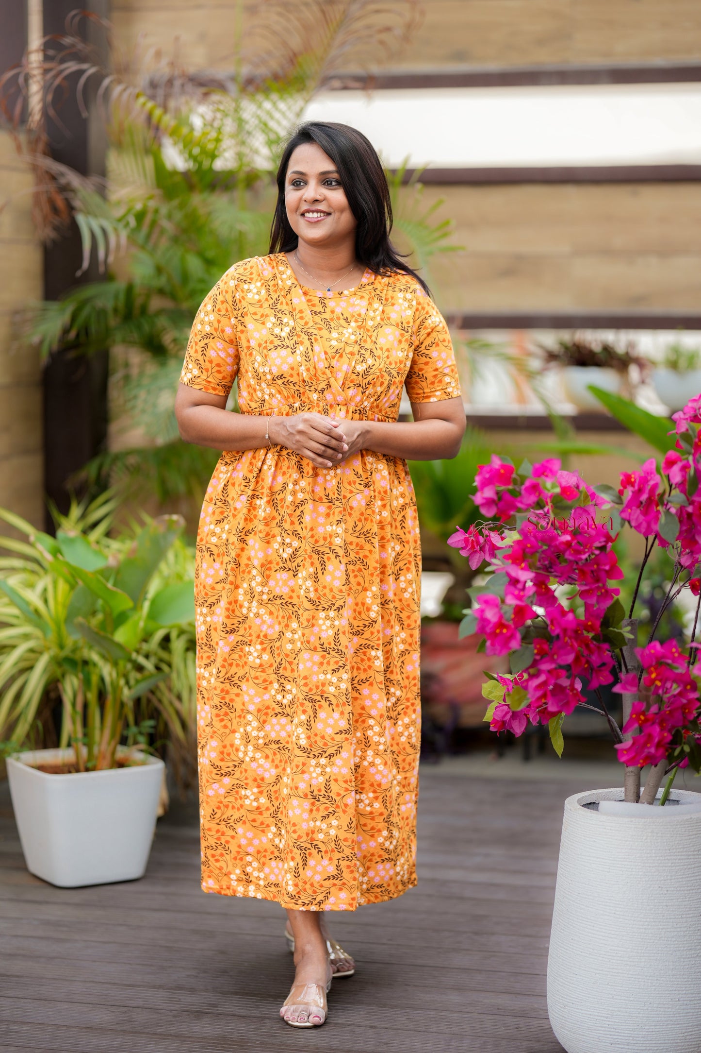 Maxi Mustard Light Weight Dress with attached dupptta drape